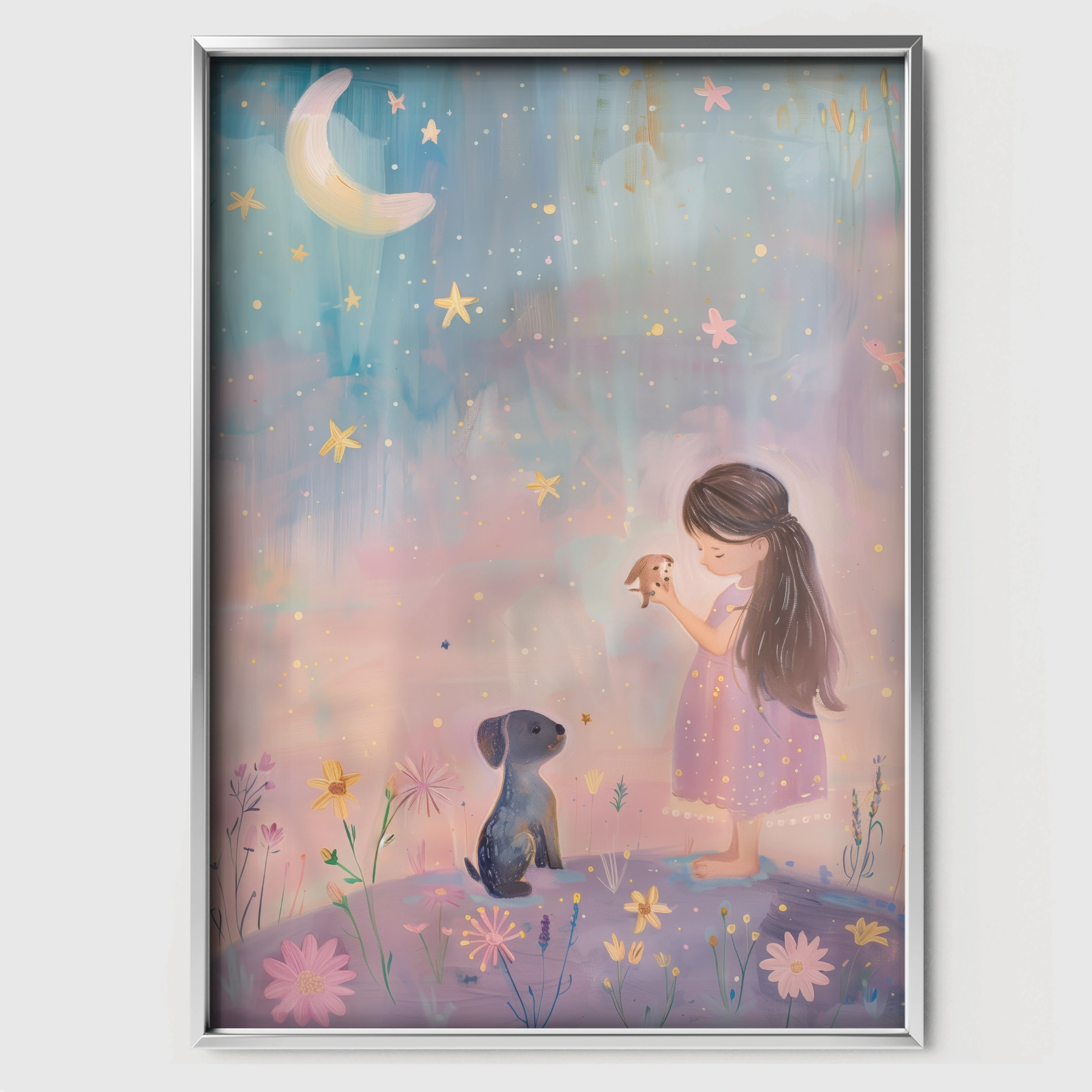 Girl and Puppy in a Meadow Nursery Print - white framed nursery wall art print