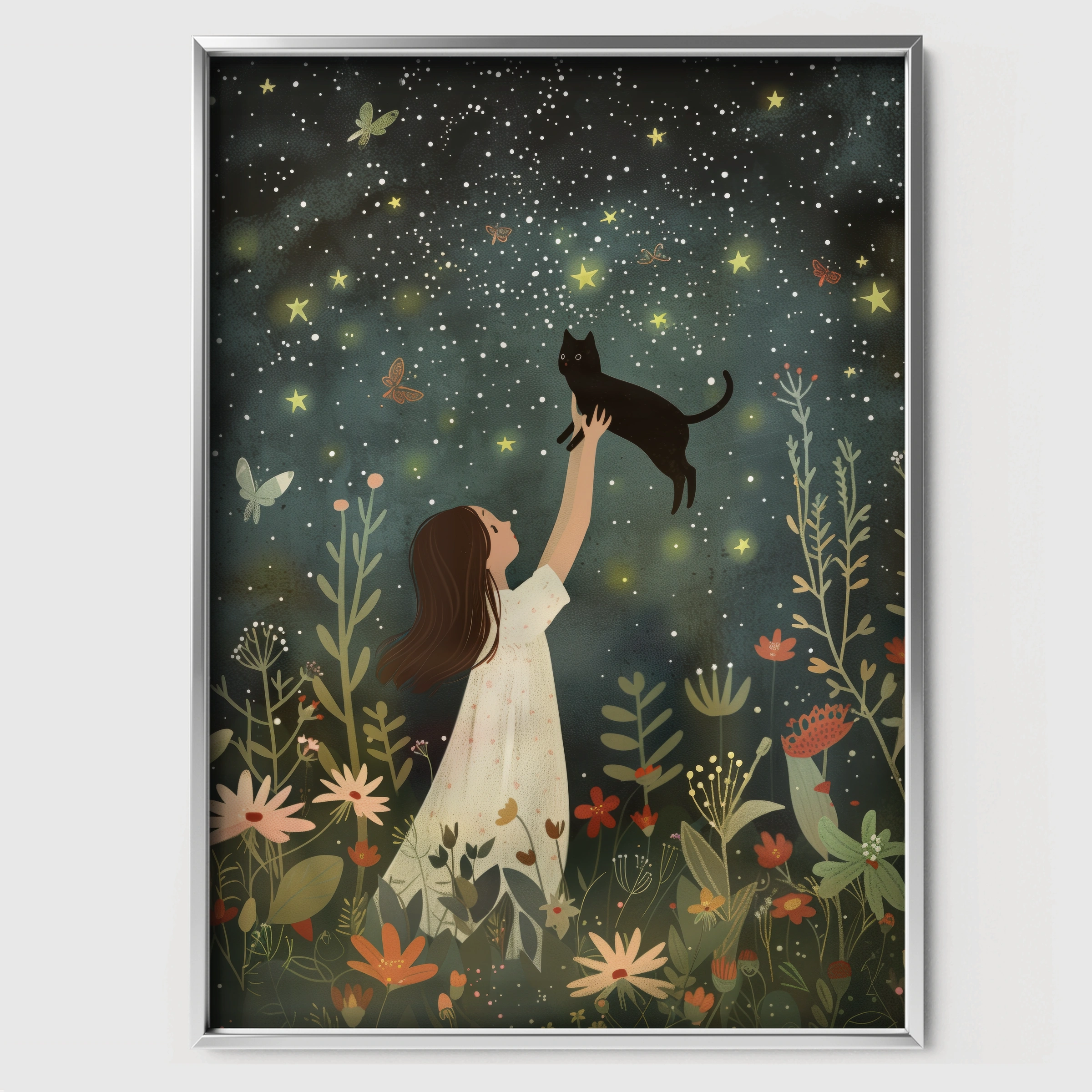 Girl and the Cat at Night Nursery Print - white framed nursery wall art print