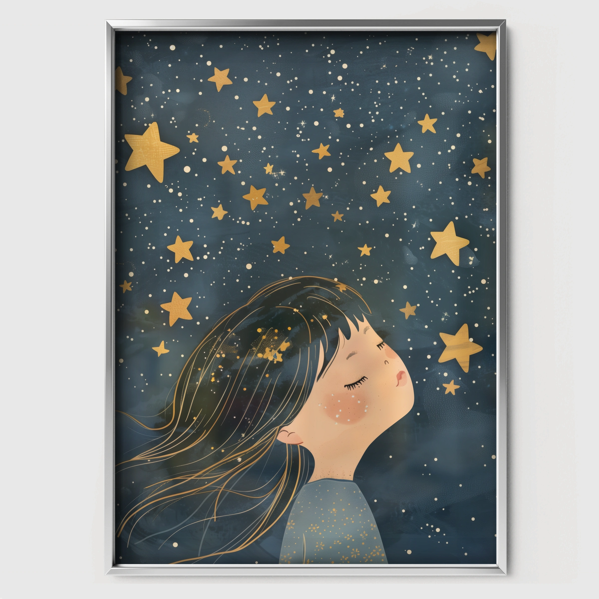 Girl and the Stars Nursery Print - white framed nursery wall art print