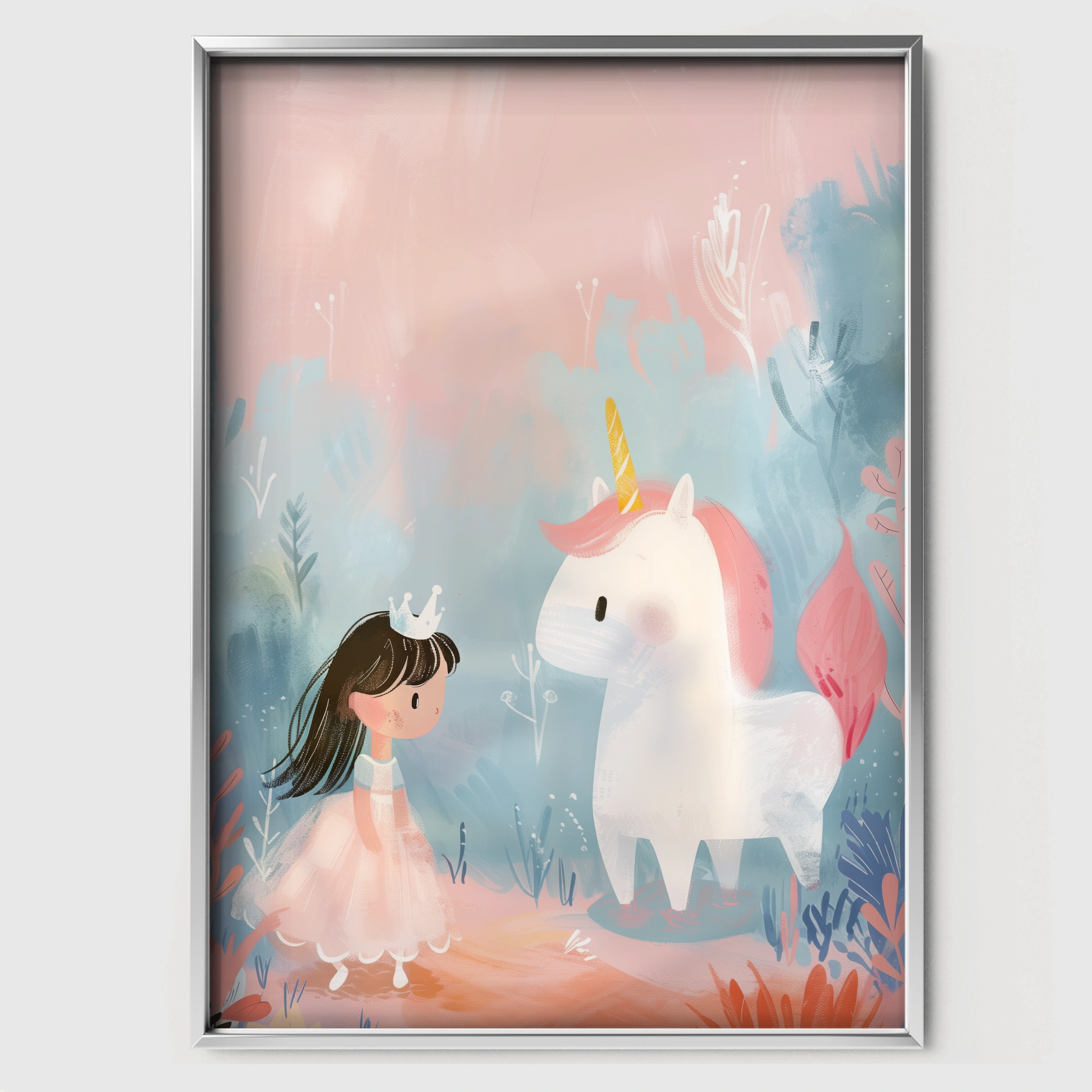 Girl and Unicorn Nursery Print - white framed nursery wall art print