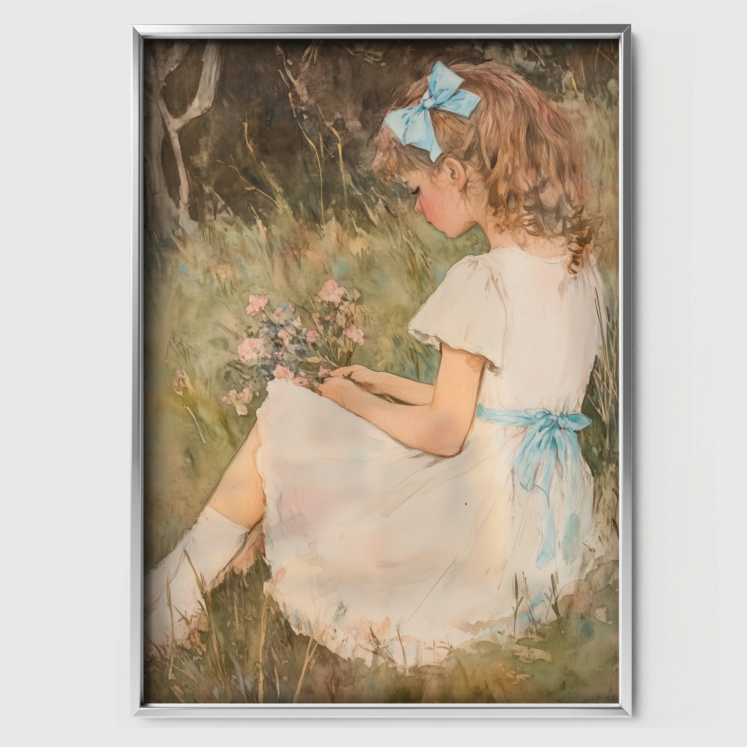 Girl Gathering Flowers Nursery Print - white framed nursery wall art print