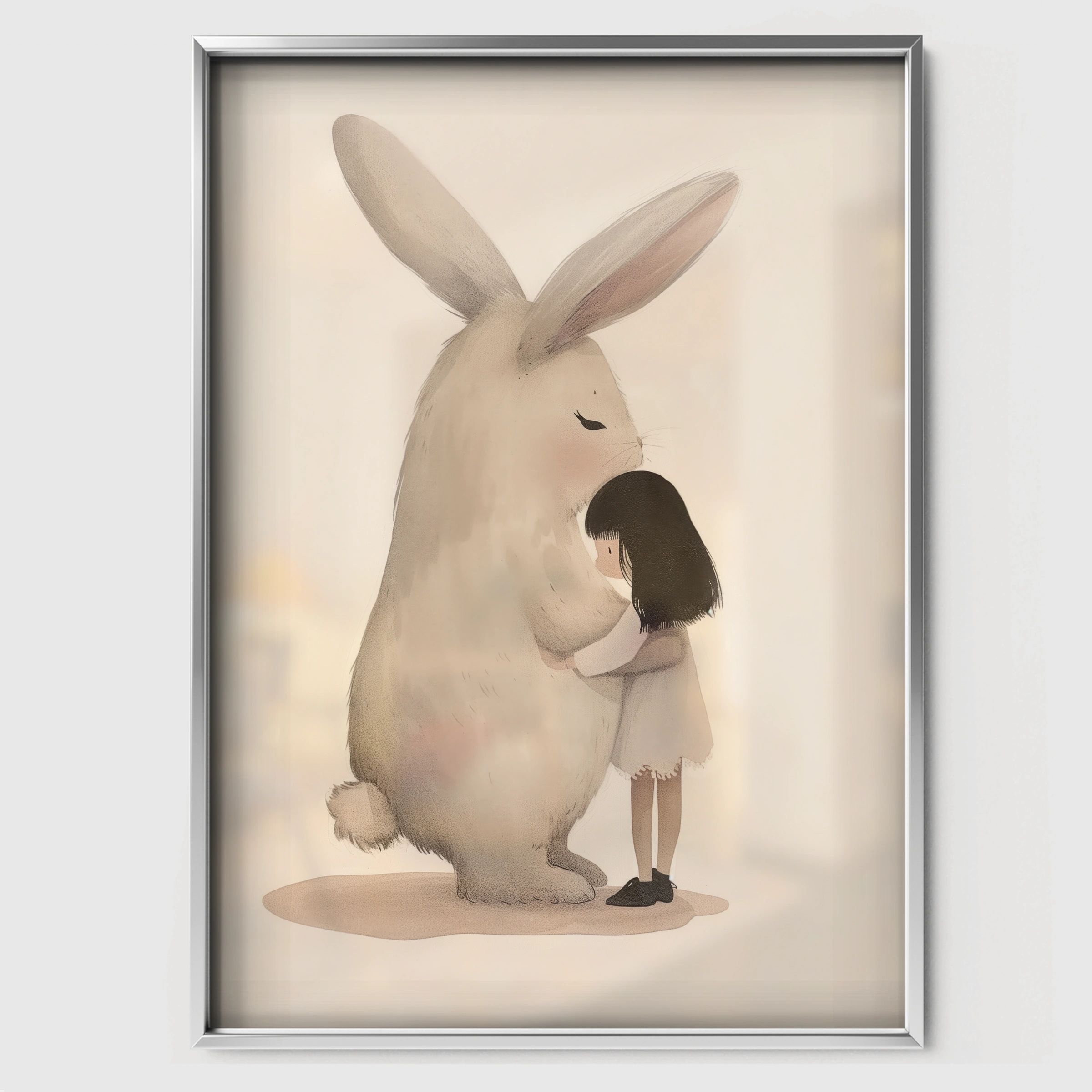 Girl Hugging a Bunny Nursery Print - white framed nursery wall art print
