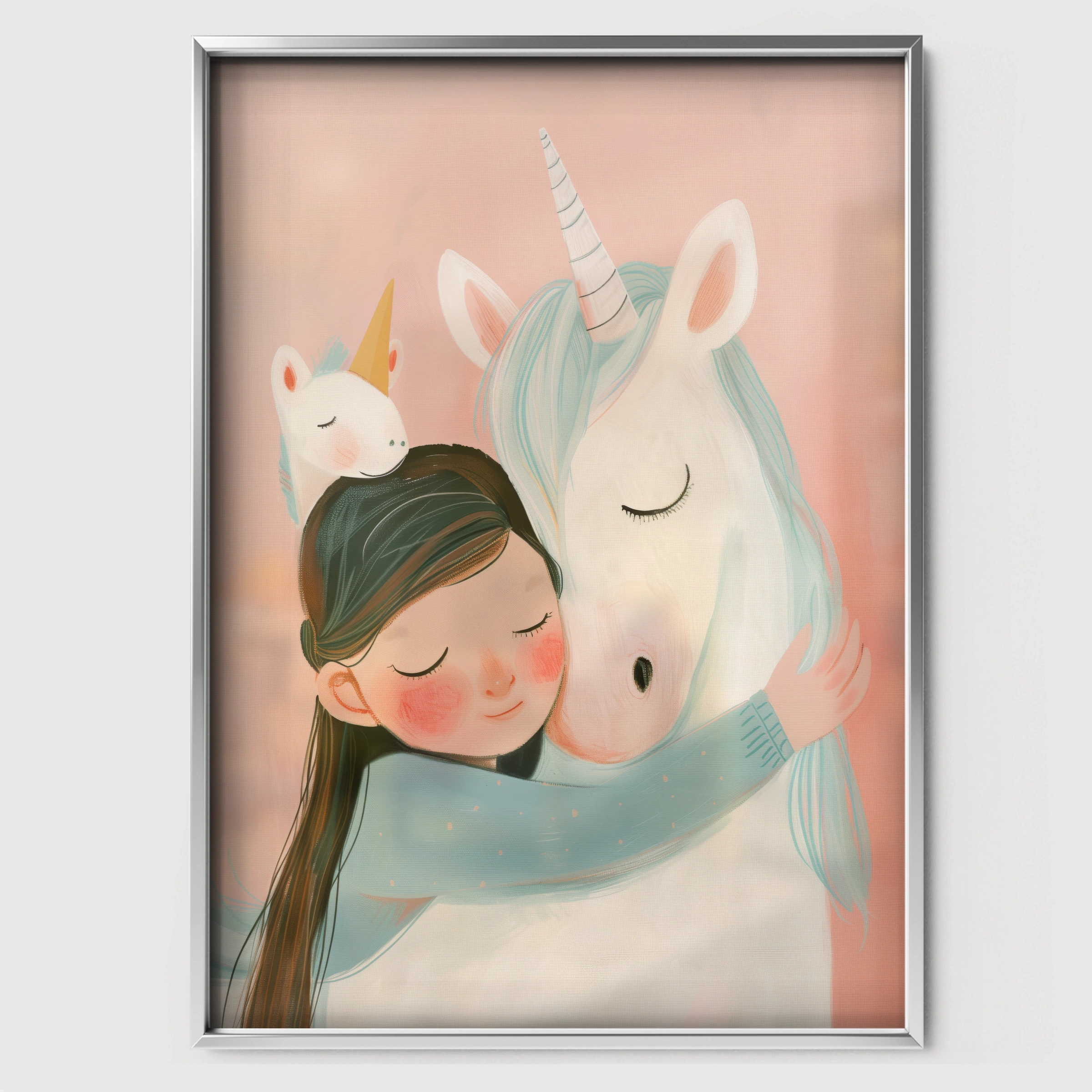 Girl Hugging Unicorn Nursery Print - white framed nursery wall art print