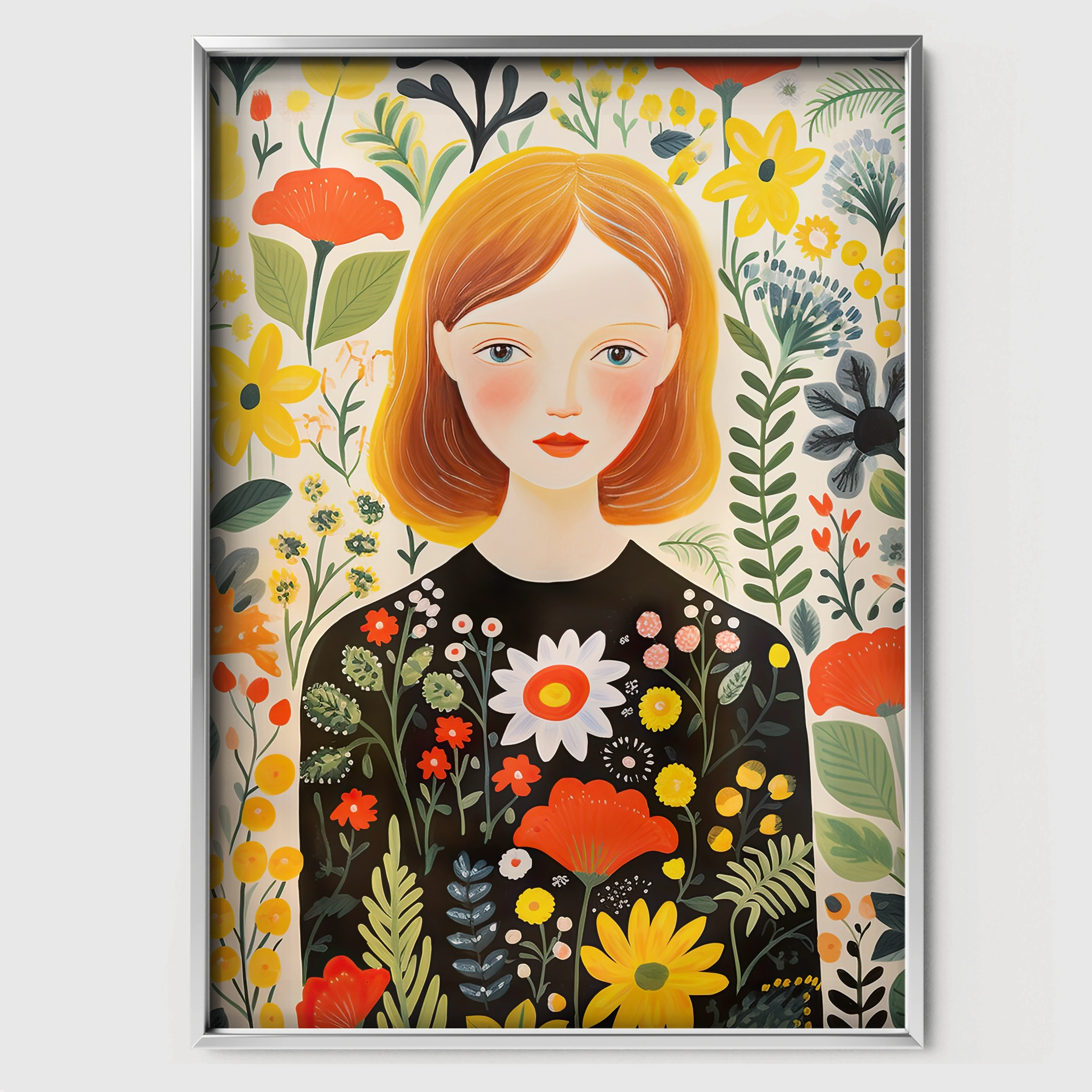Girl in a Floral Dress Nursery Print - white framed nursery wall art print