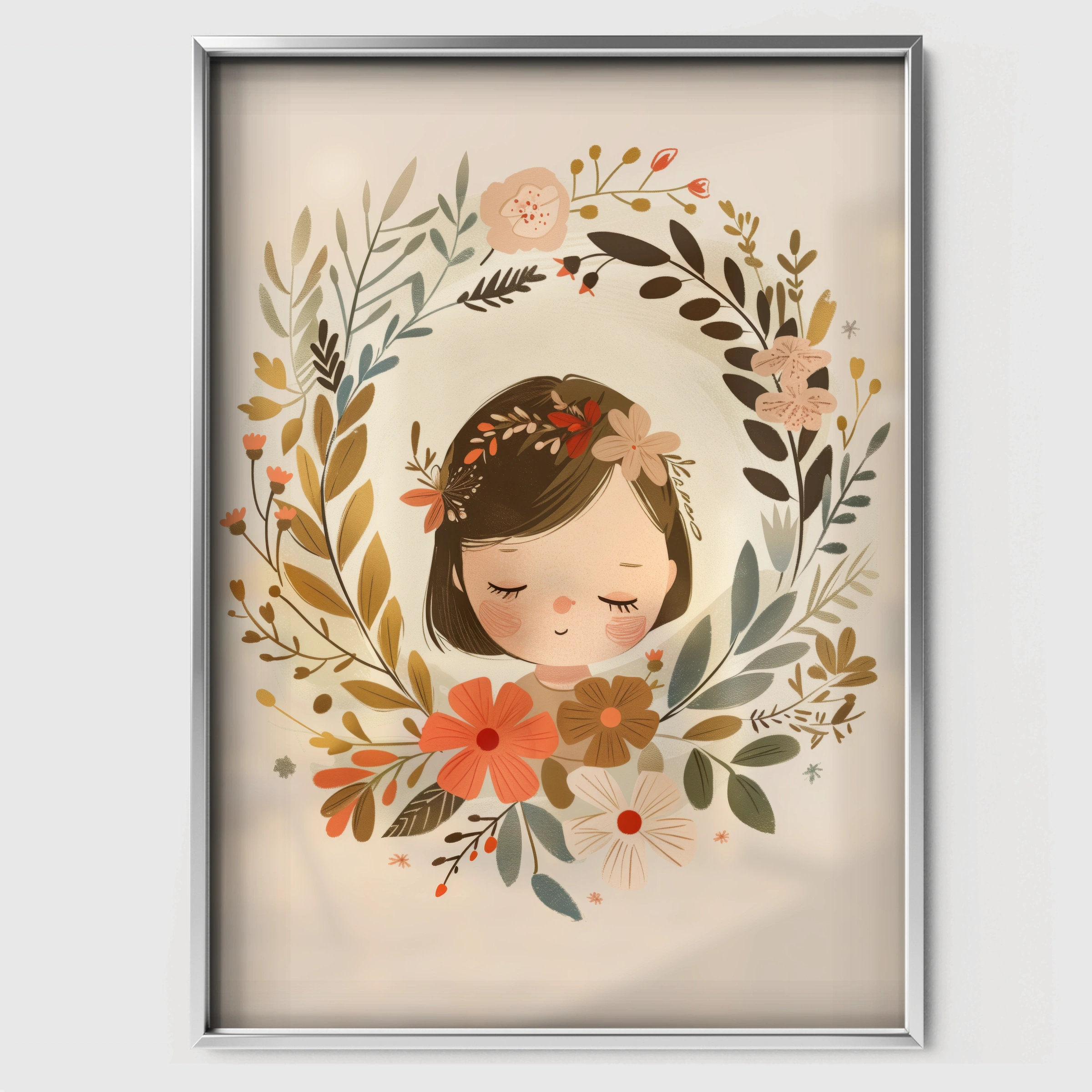 Girl in a Floral Wreath Nursery Print - white framed nursery wall art print