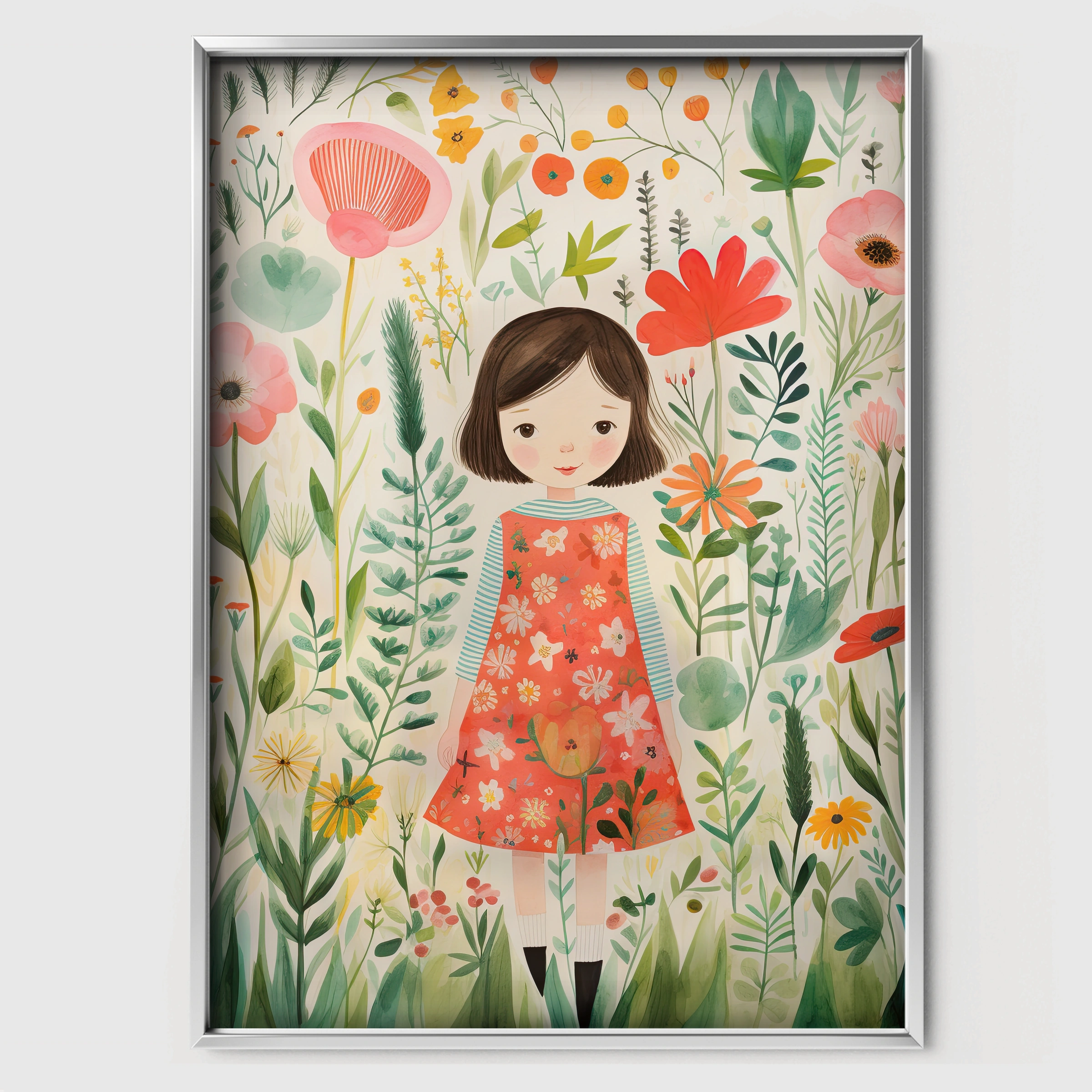 Girl in a Garden Nursery Print - white framed nursery wall art print