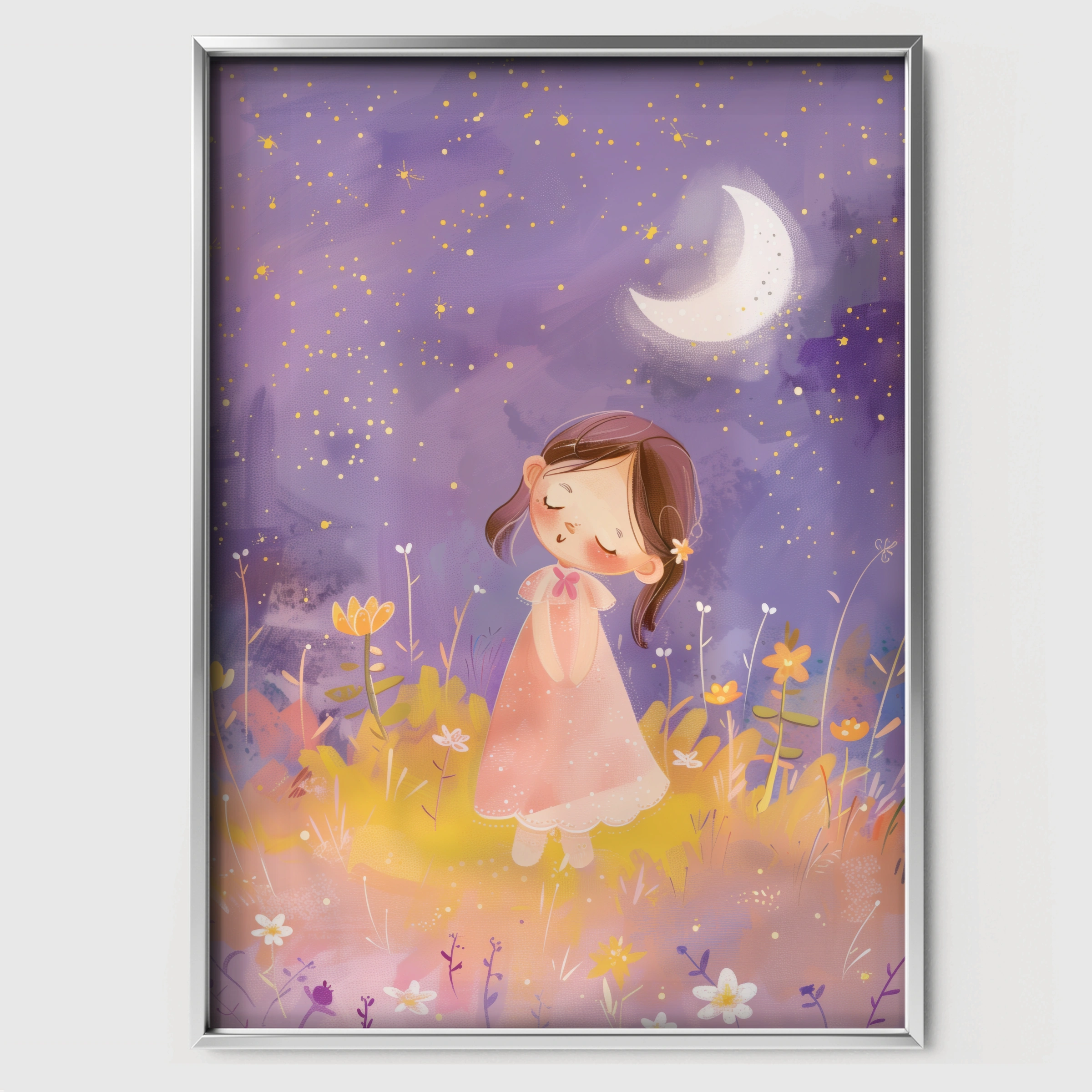 Girl in a Meadow Nursery Print - white framed nursery wall art print