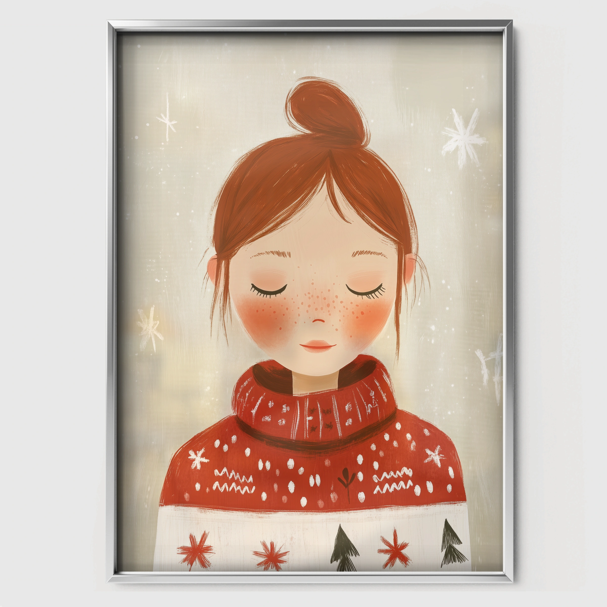 Girl in a Red Sweater Christmas Print - white framed nursery wall art print