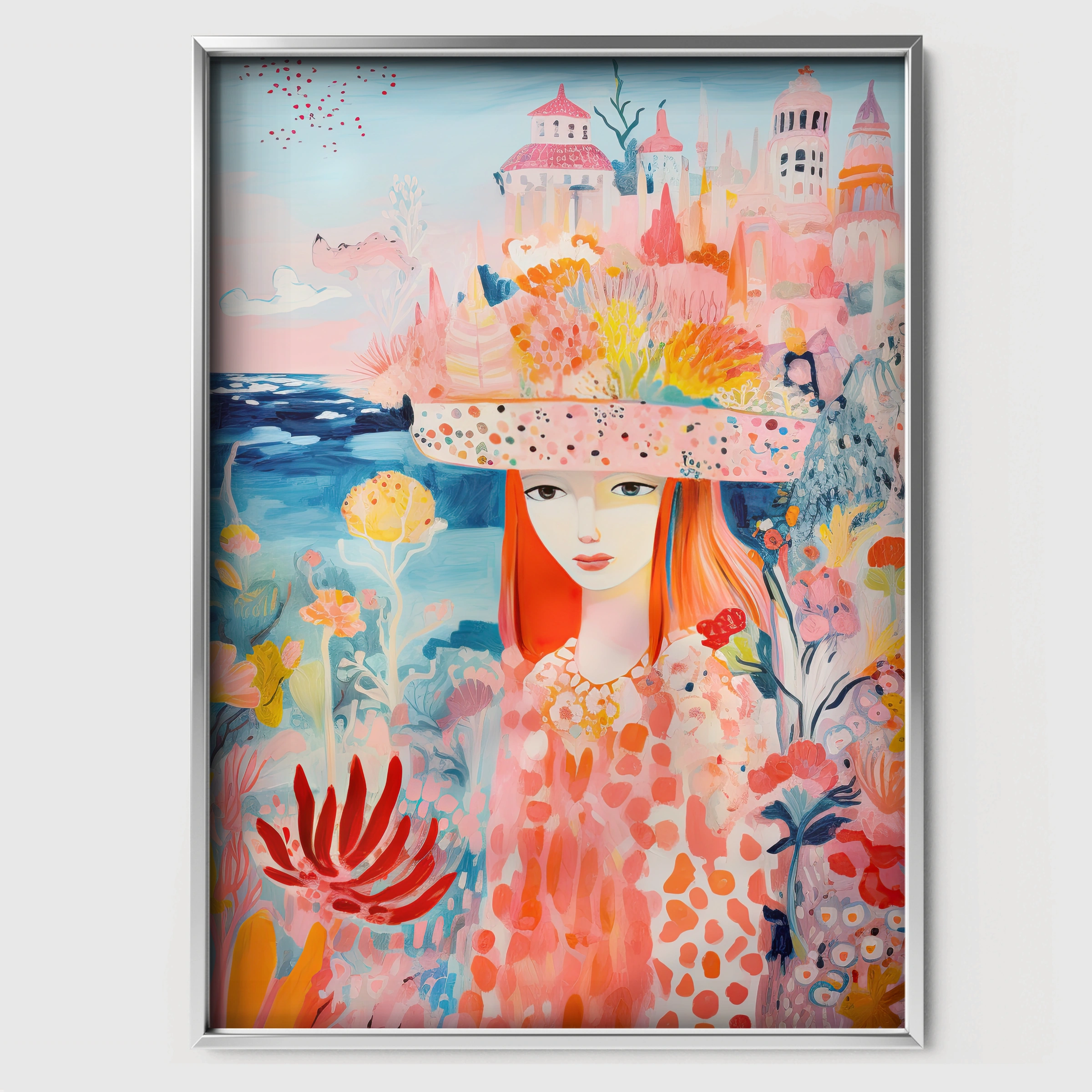 Girl in a Sun Hat Nursery Print - white framed nursery wall art print