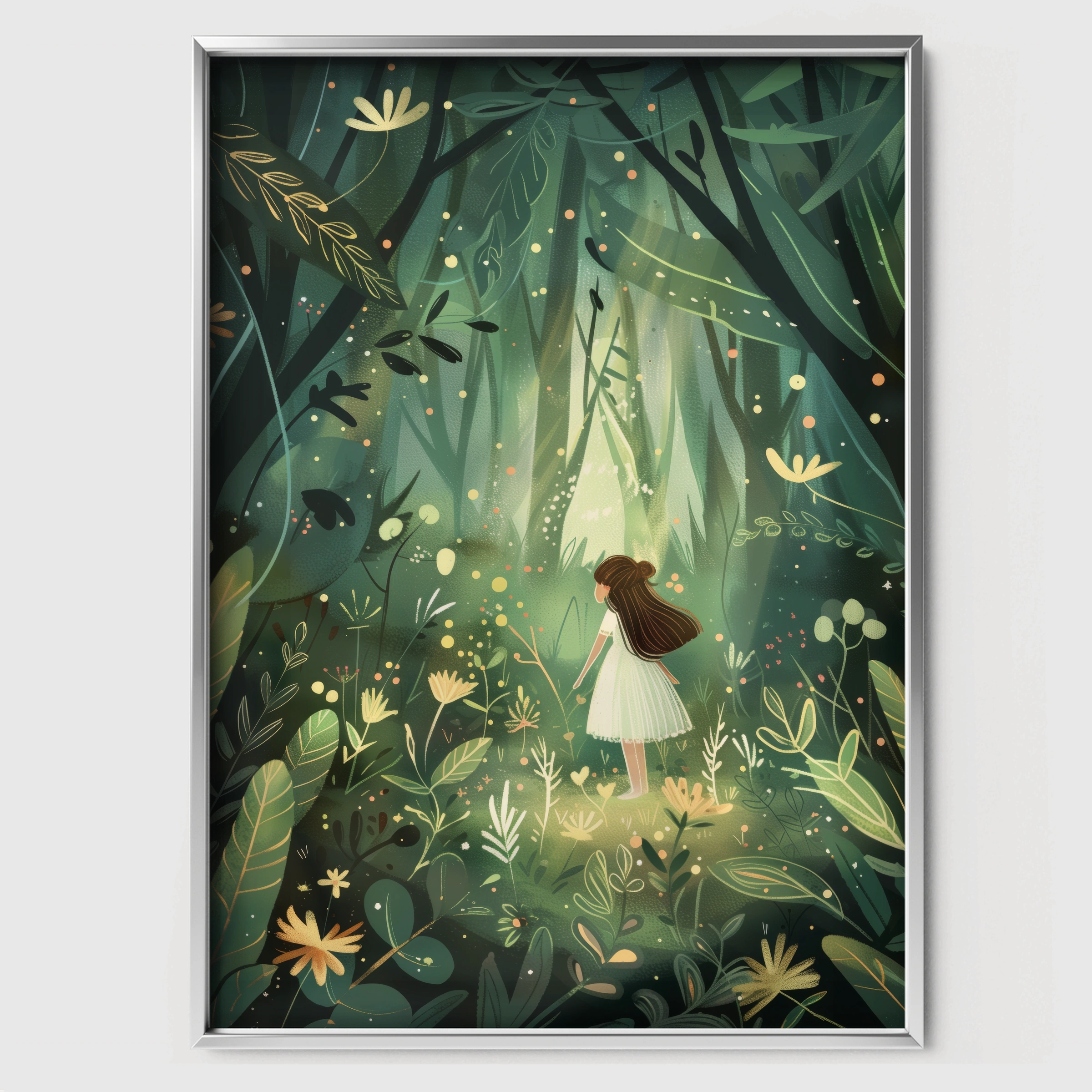 Girl in the Forest Nursery Print - white framed nursery wall art print
