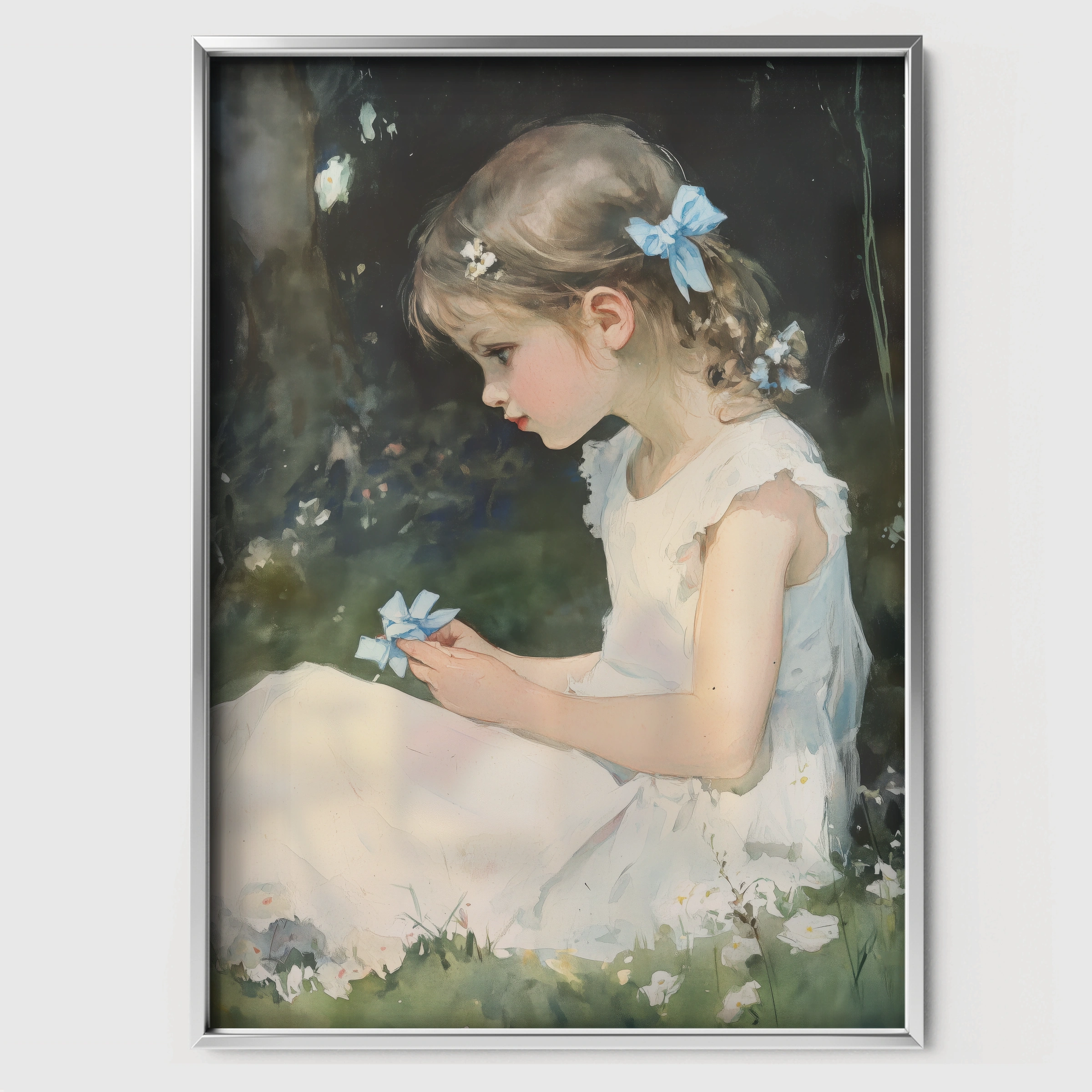 Girl in the Meadow Nursery Print - white framed nursery wall art print
