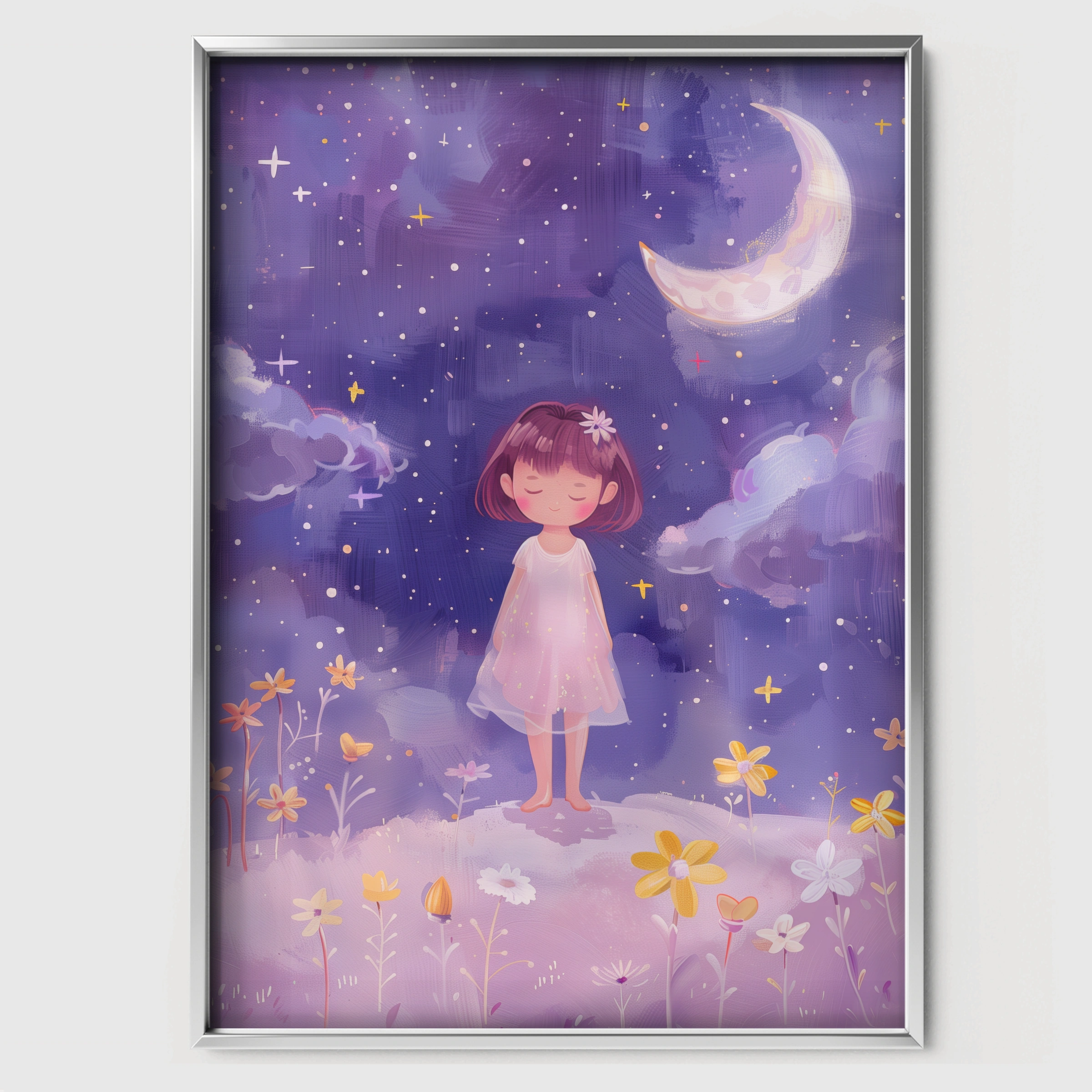 Girl in the Night Field Nursery Print - white framed nursery wall art print
