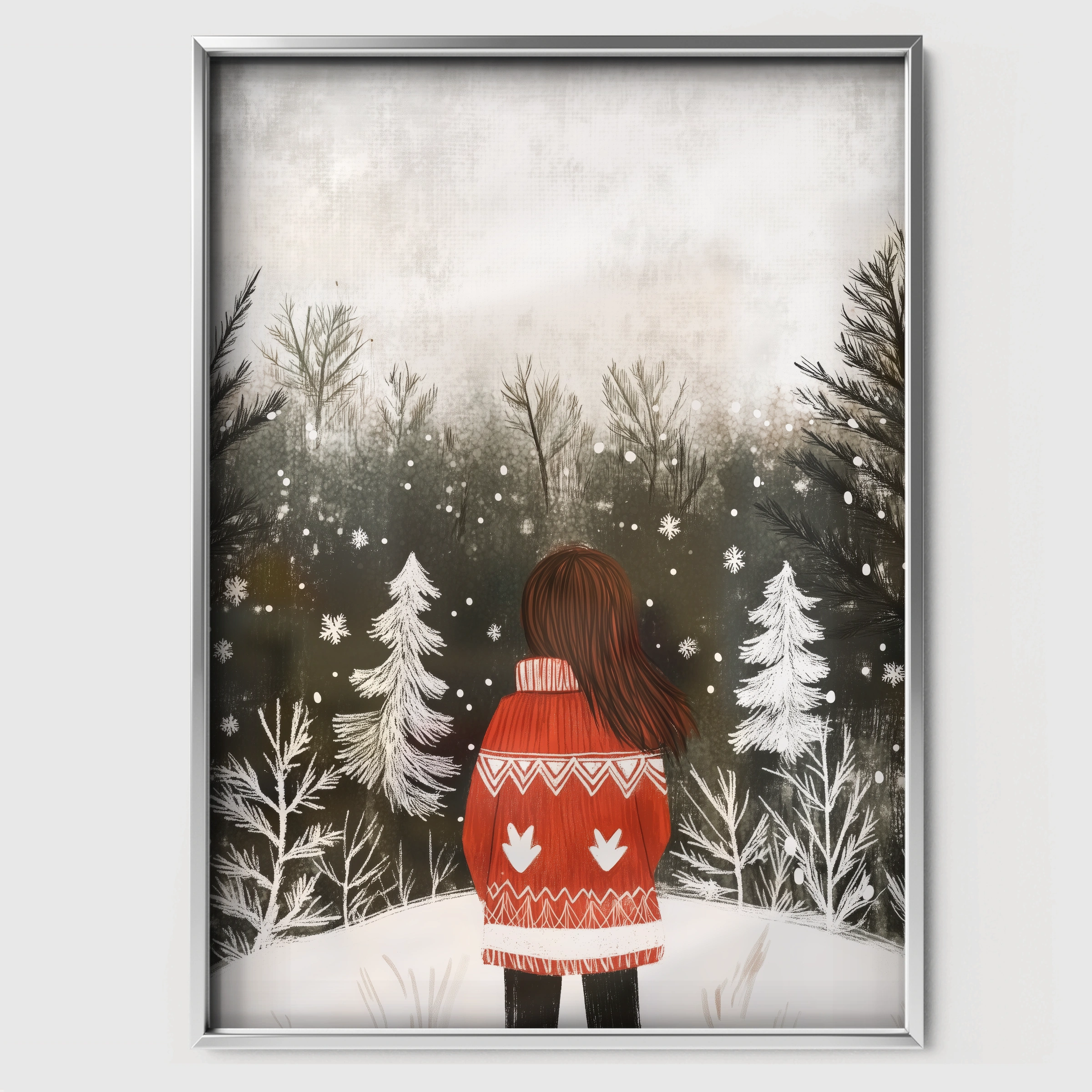 Girl in the Winter Forest Christmas Print - white framed nursery wall art print