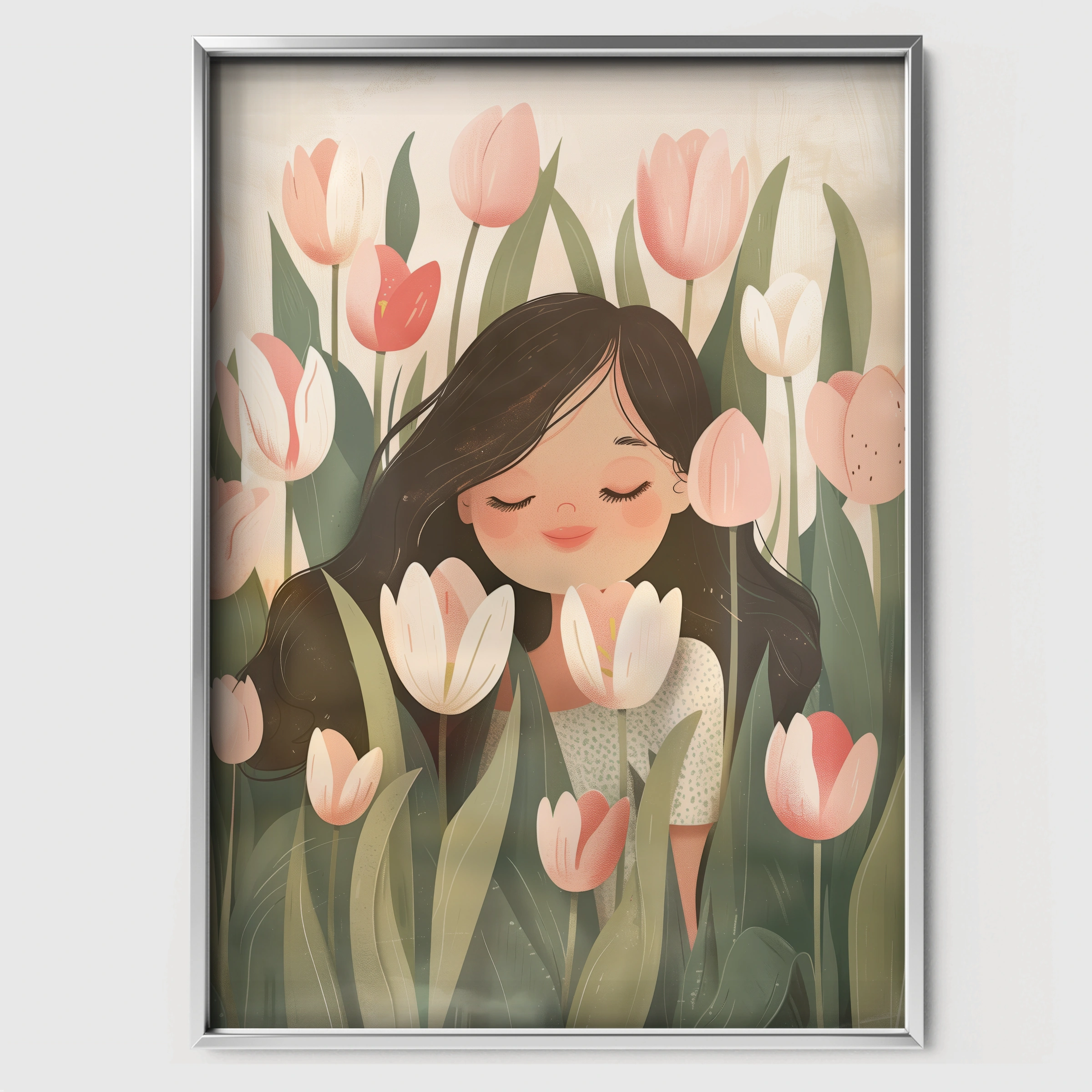 Girl in Tulips Nursery Print - white framed nursery wall art print
