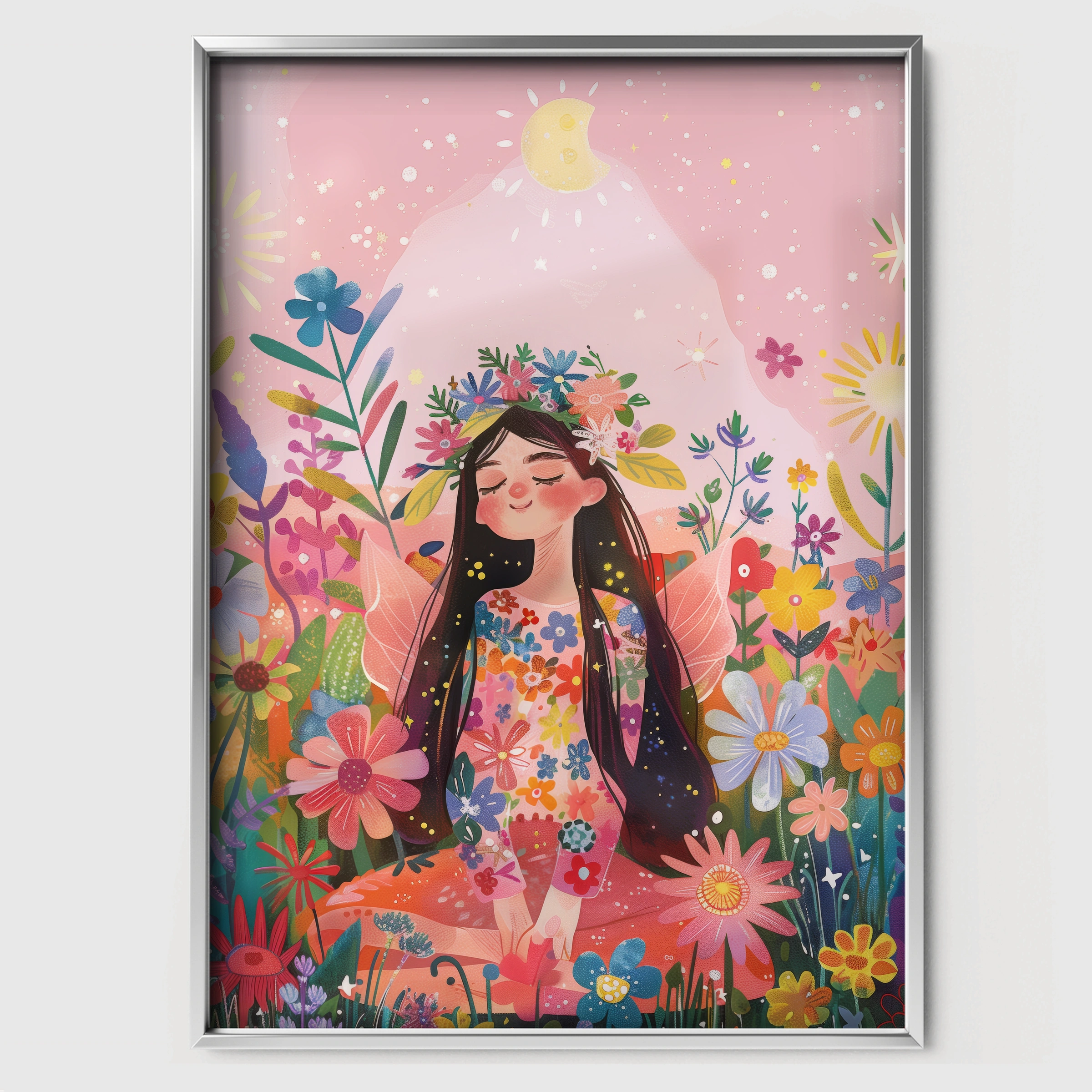 Girl in Wildflowers Nursery Print - white framed nursery wall art print