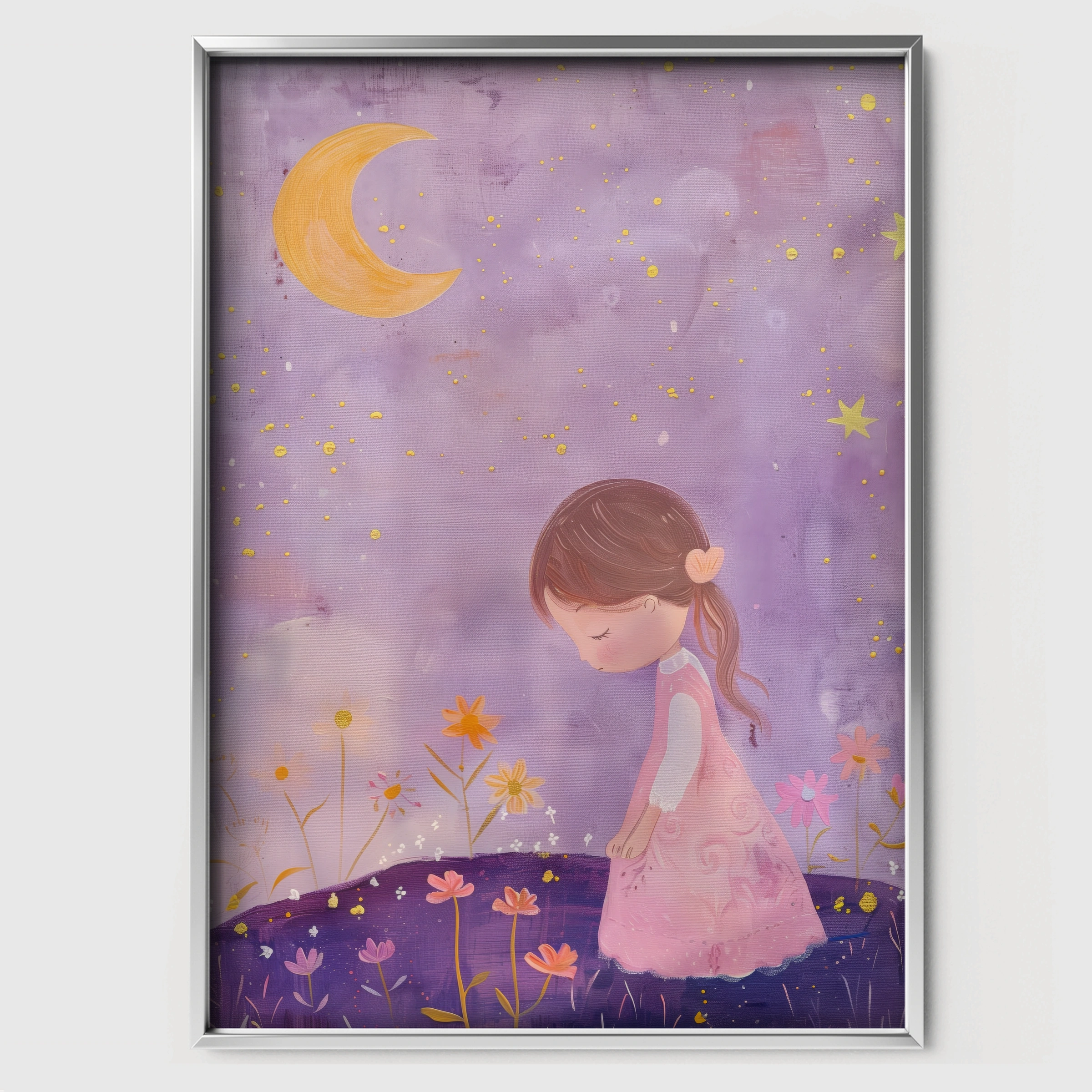 Girl Praying Under the Moon Nursery Print - white framed nursery wall art print