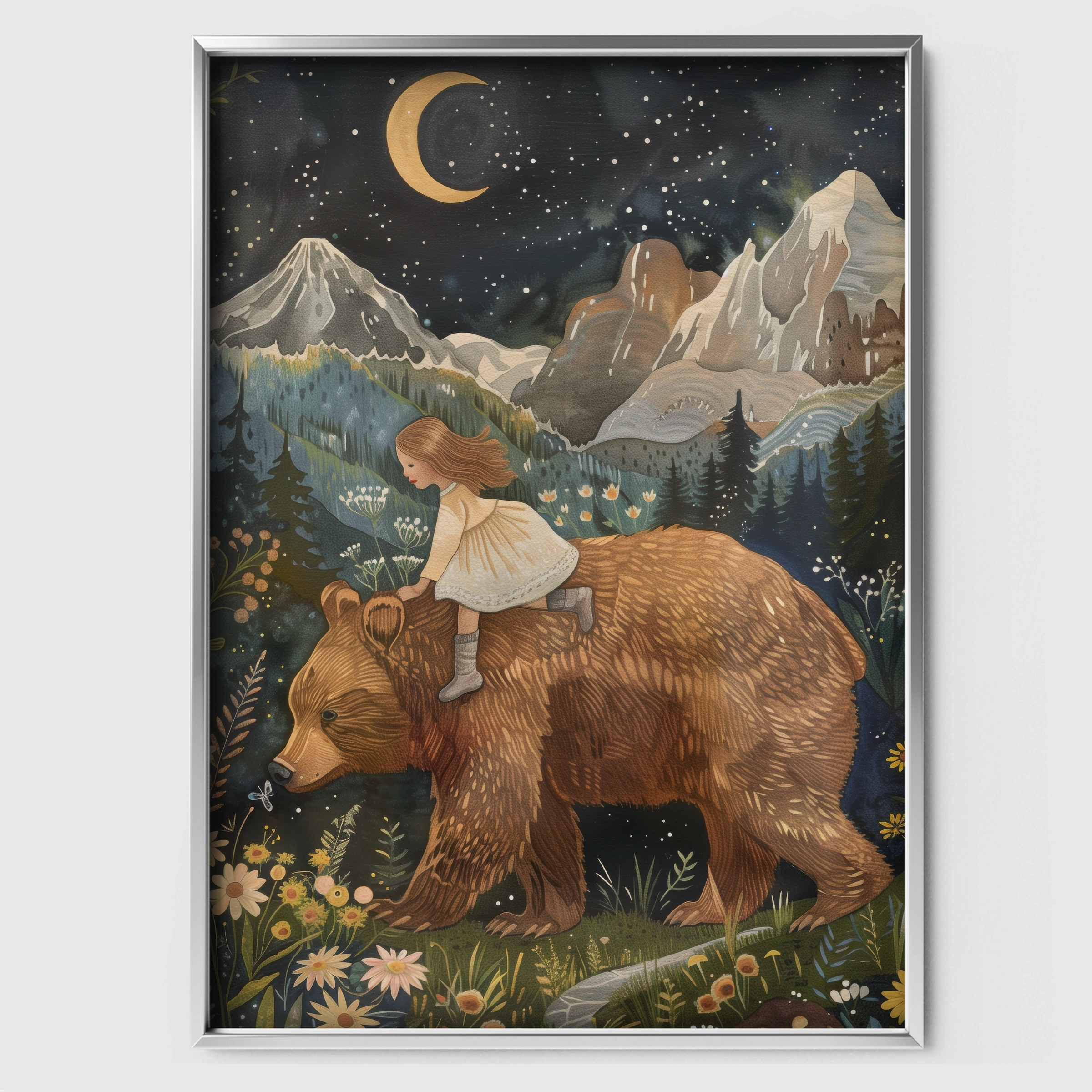 Girl Riding a Bear Nursery Print - white framed nursery wall art print