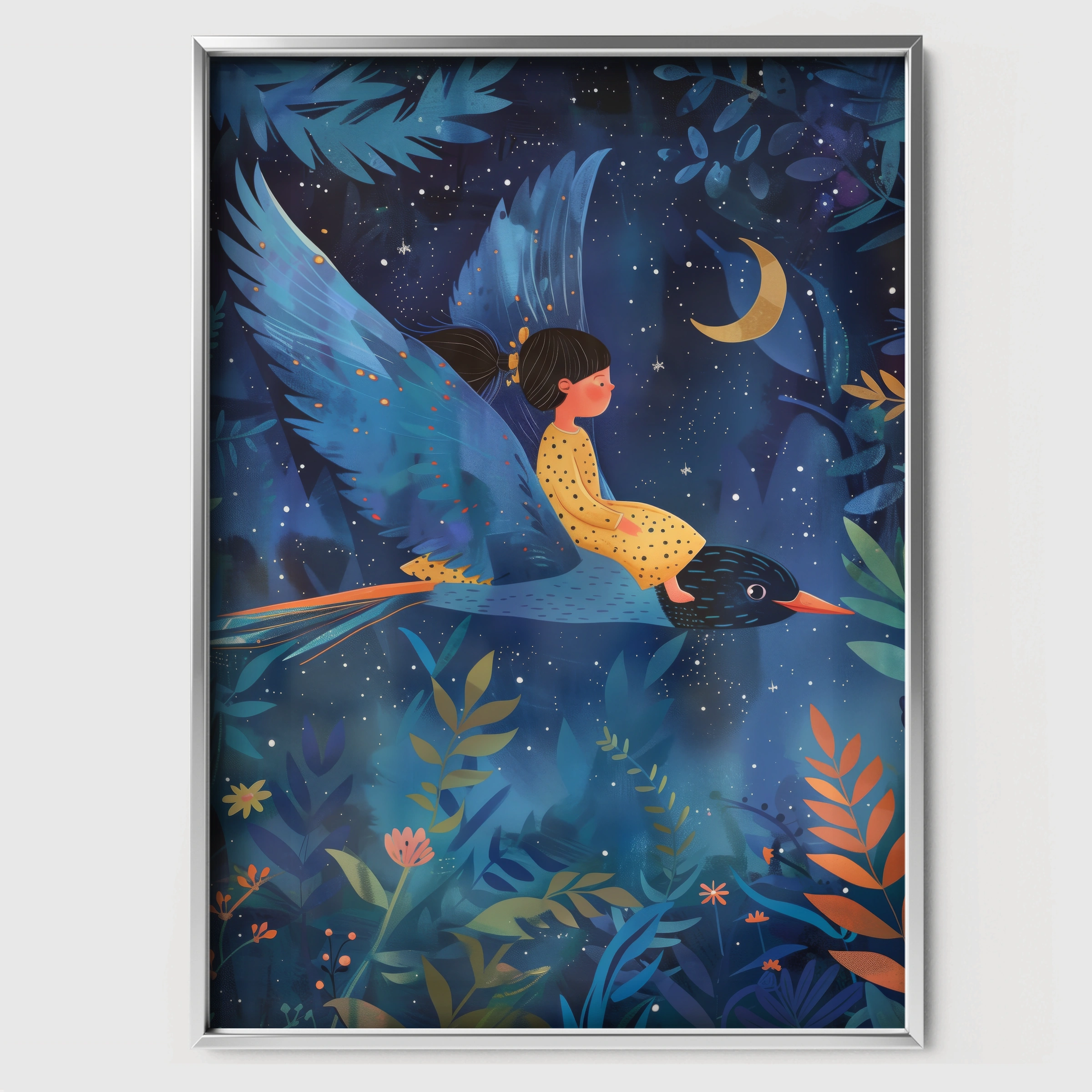 Girl Riding a Bird Nursery Print - white framed nursery wall art print