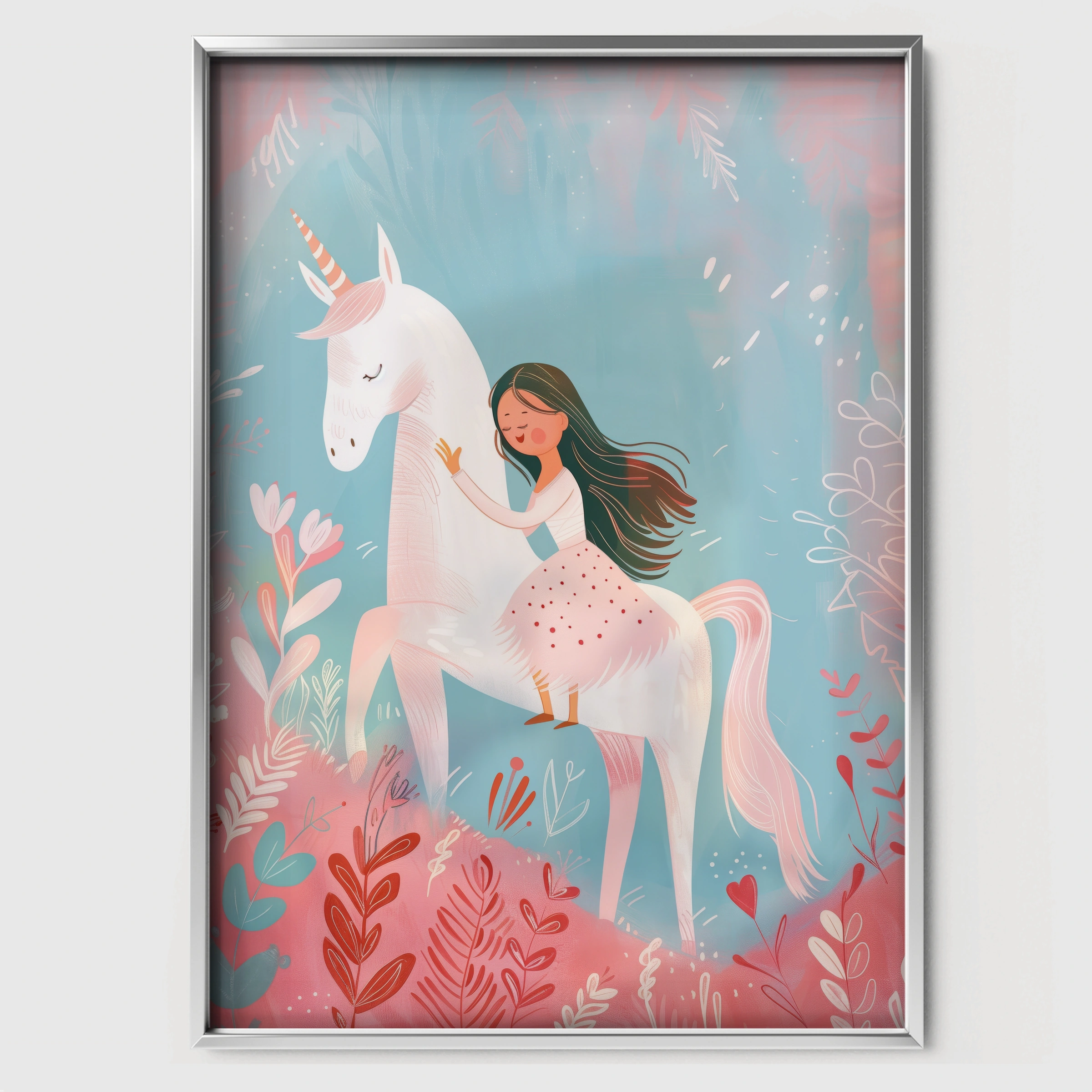 Girl Riding a Unicorn Nursery Print - white framed nursery wall art print