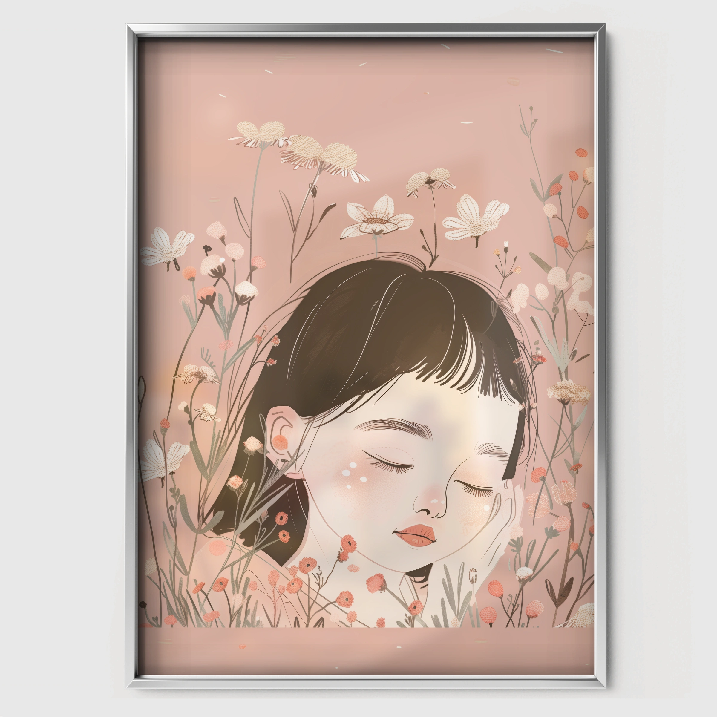 Girl Sleeping in Flowers Nursery Print - white framed nursery wall art print