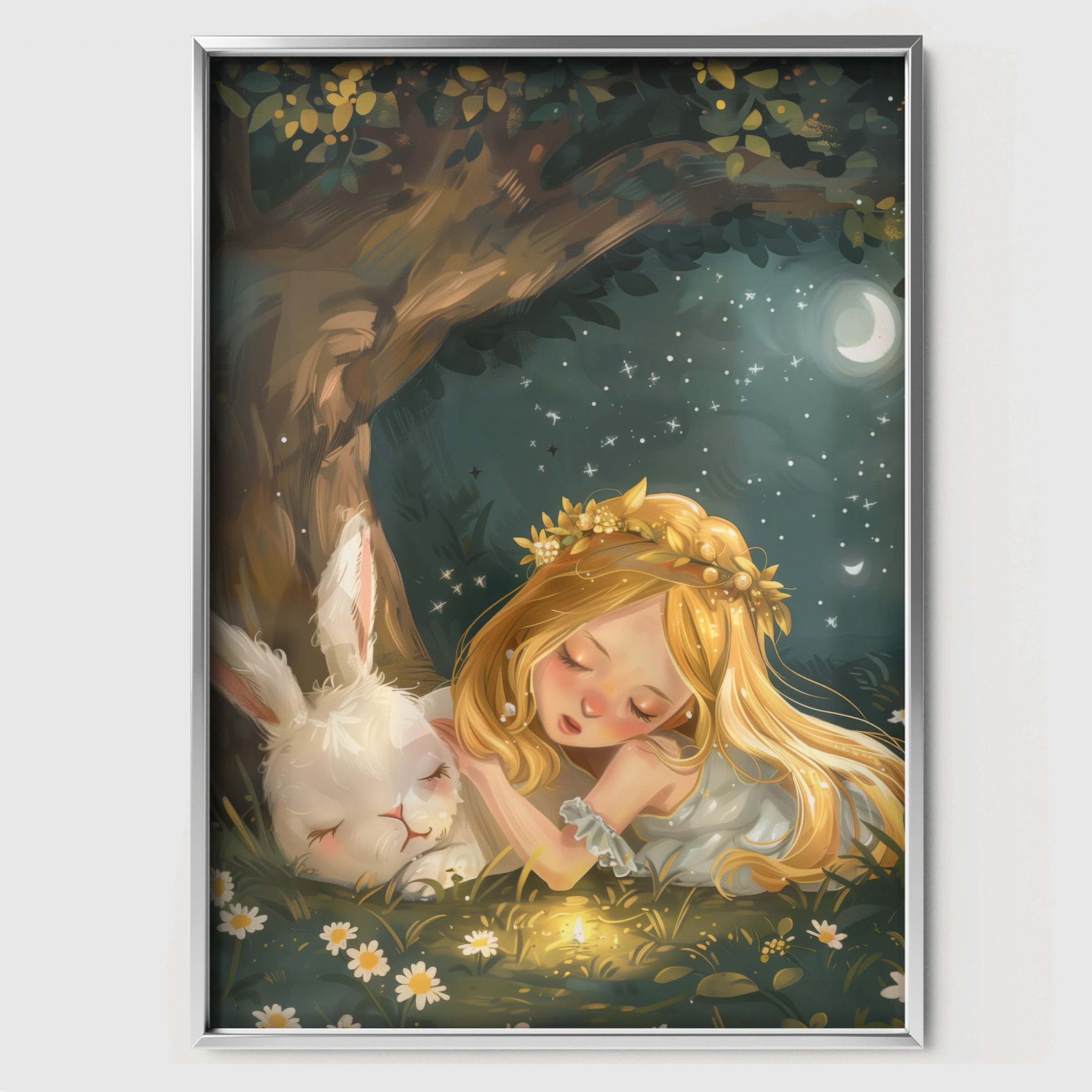 Girl Sleeping with a Bunny Nursery Print - white framed nursery wall art print