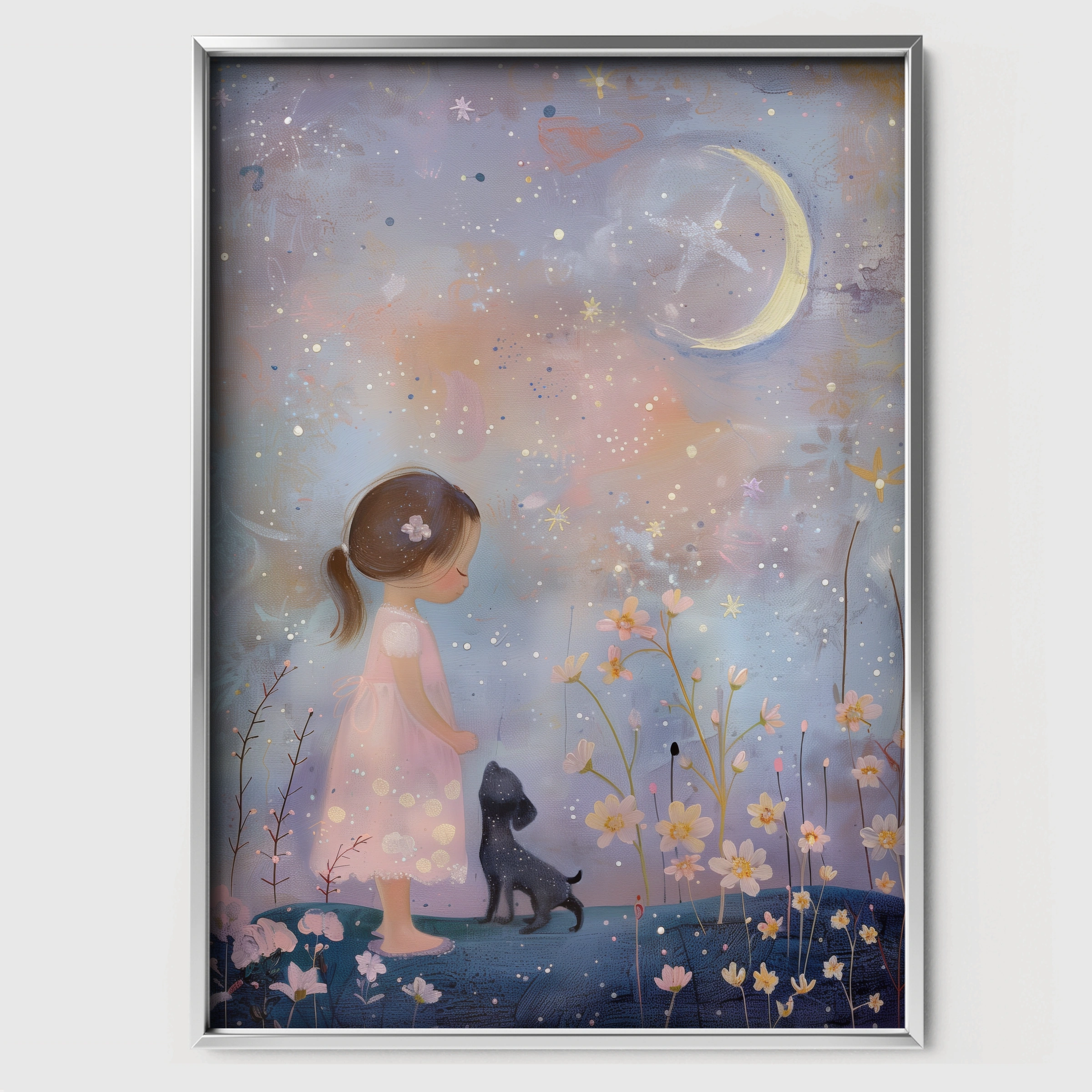 Girl Under the Moon Nursery Print - white framed nursery wall art print