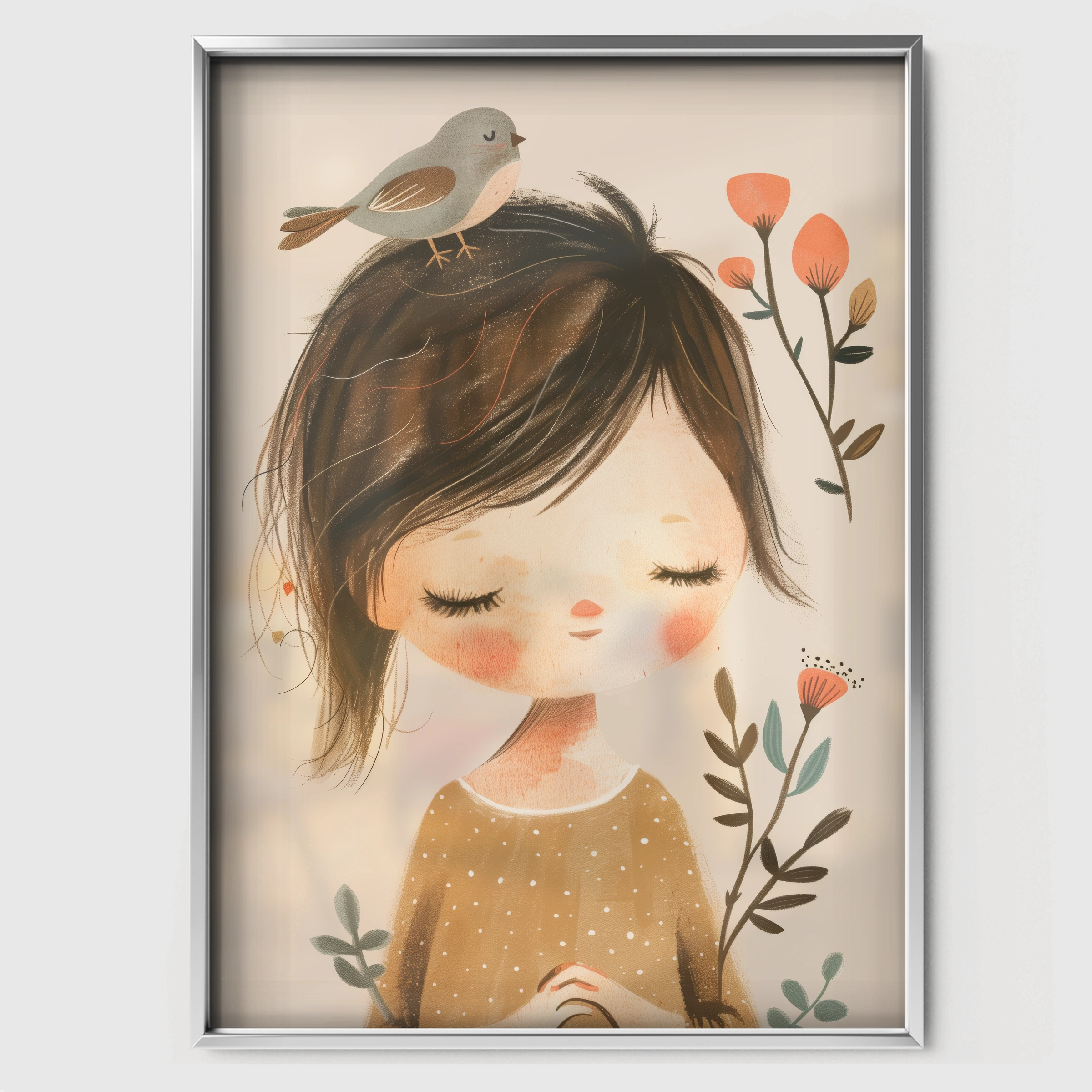 Girl with a Bird Nursery Print - white framed nursery wall art print