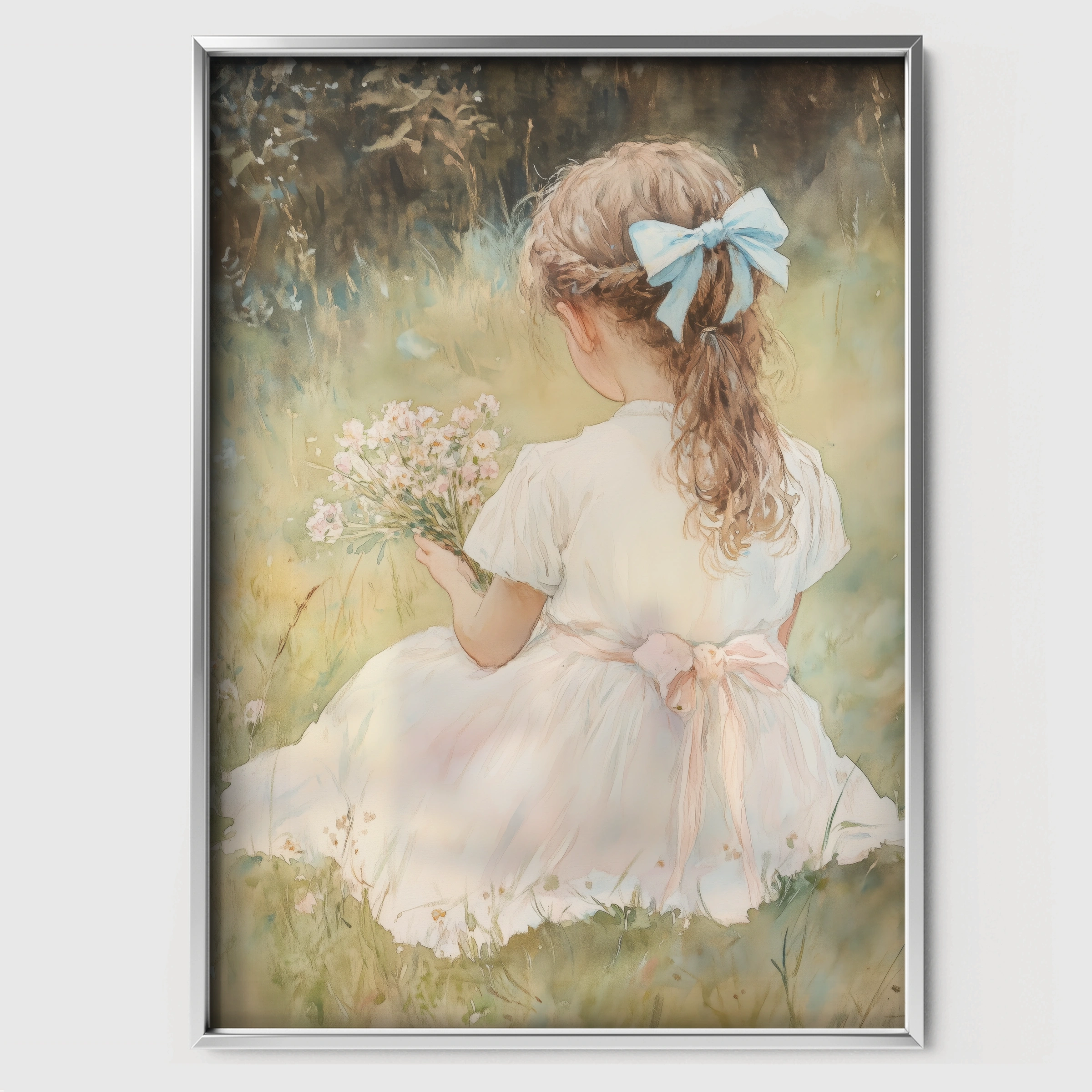 Girl with a Blue Bow Nursery Print - white framed nursery wall art print