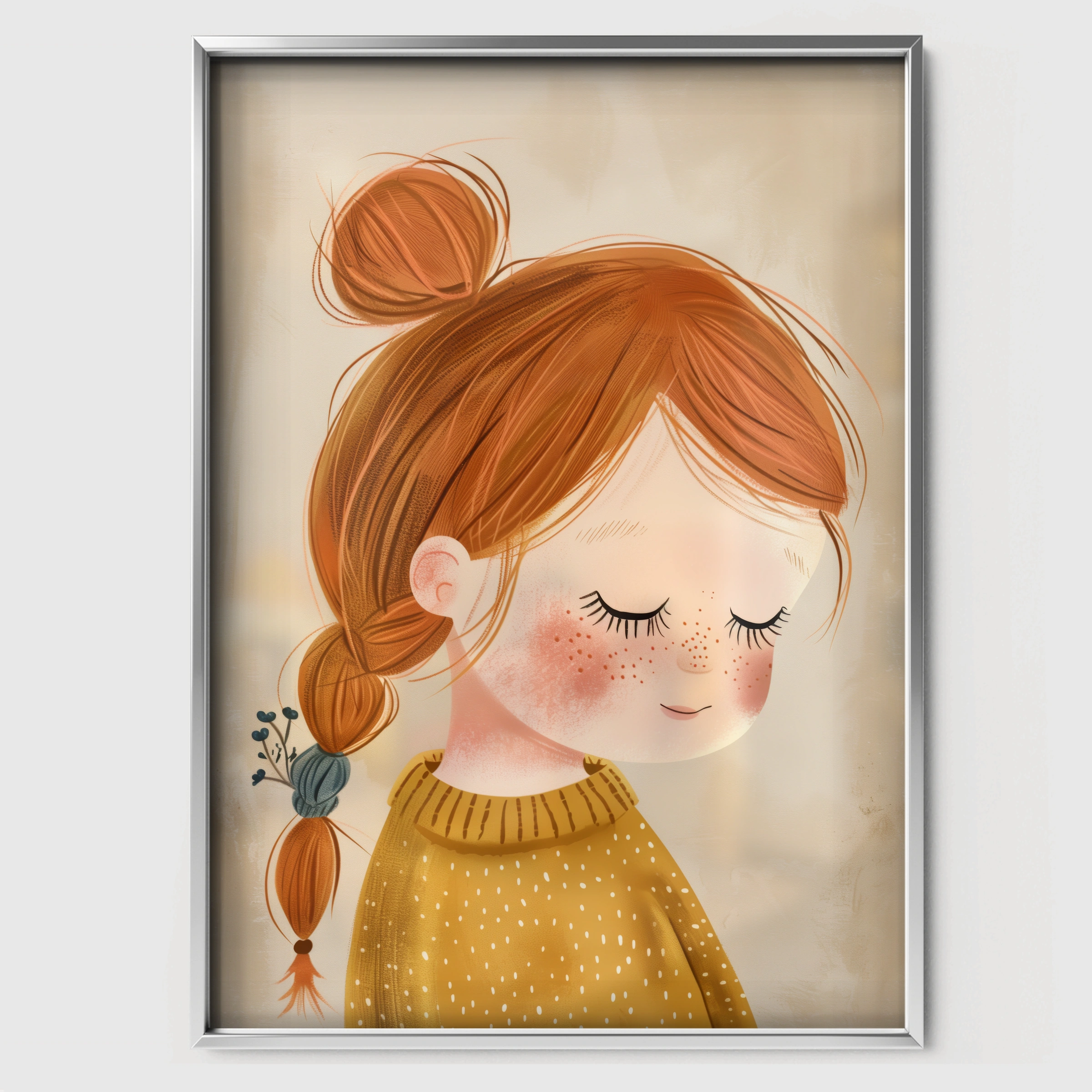 Girl with a Braid Nursery Print - white framed nursery wall art print
