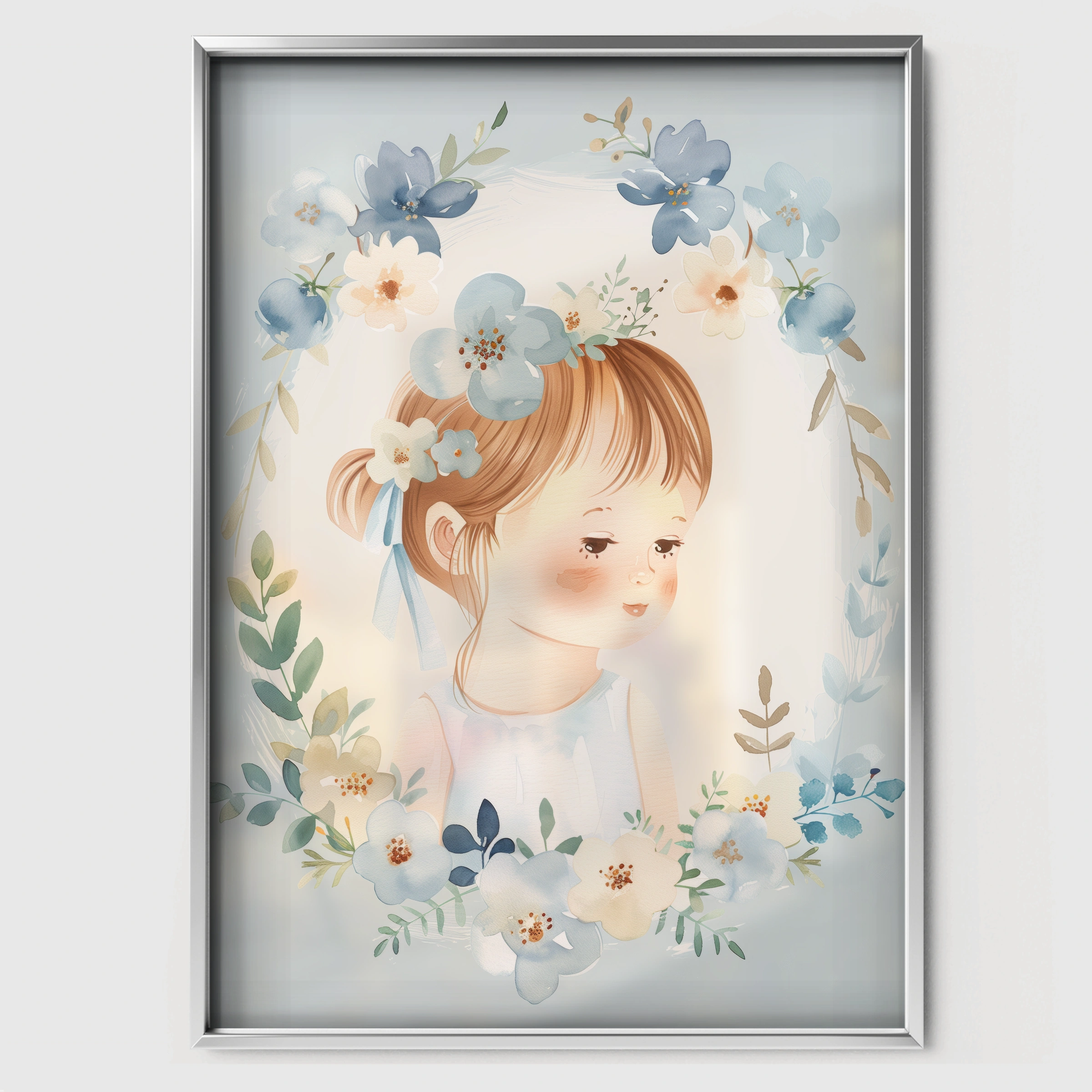 Girl with a Floral Wreath Nursery Print - white framed nursery wall art print