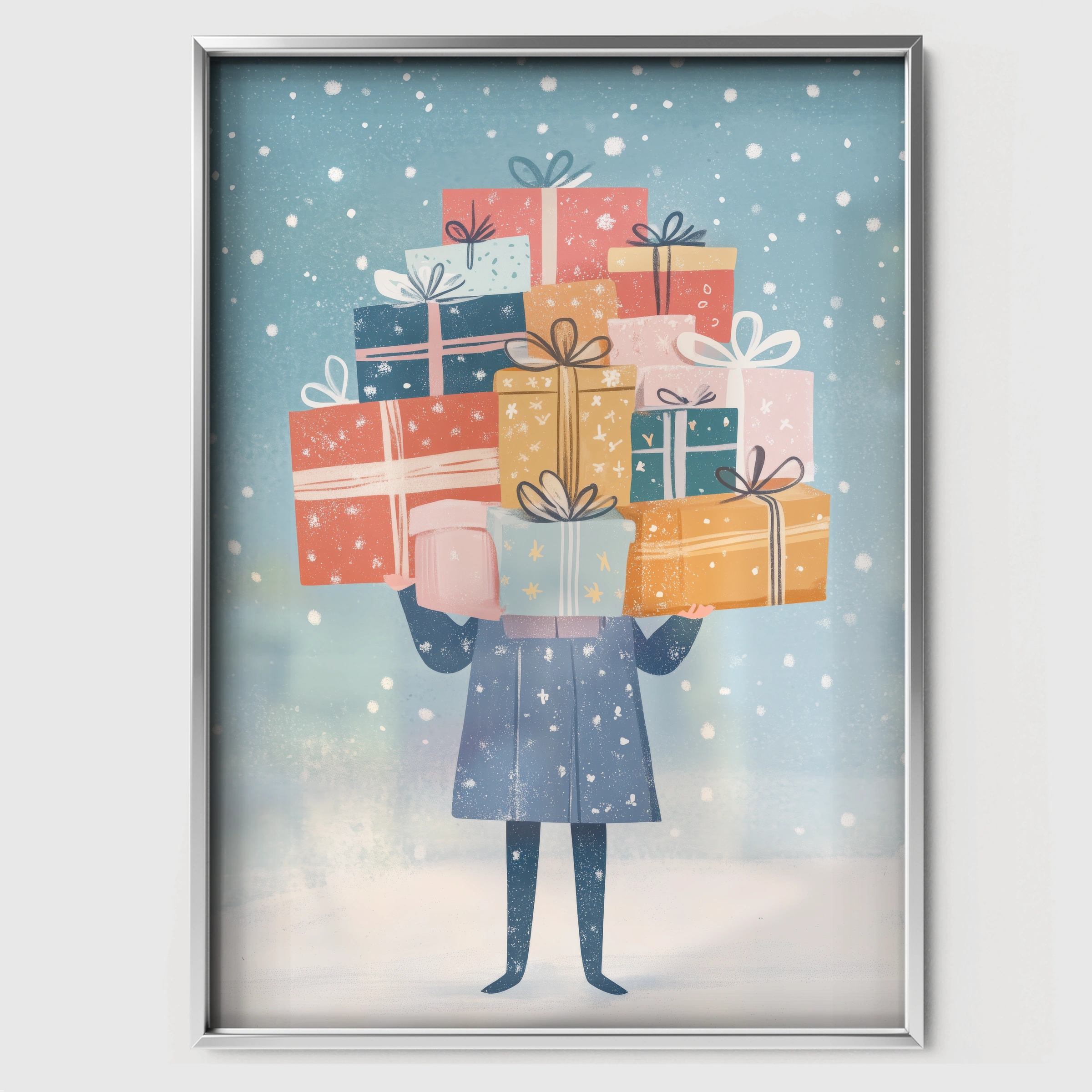 Girl with a Stack of Gifts Christmas Print - white framed nursery wall art print