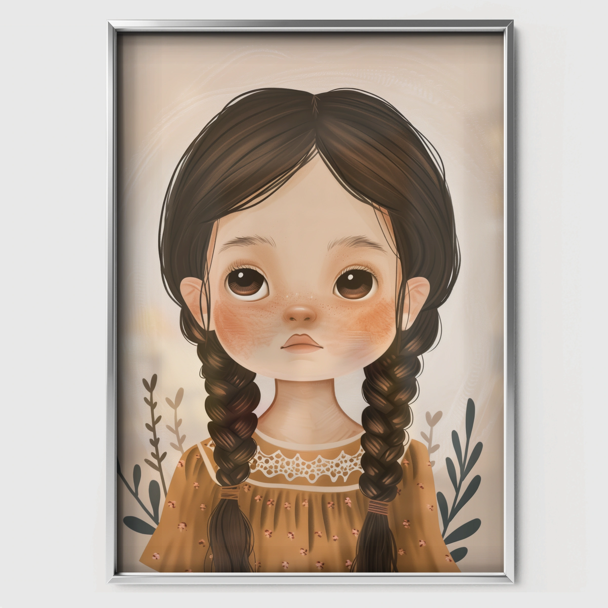 Girl with Braids Nursery Print - white framed nursery wall art print