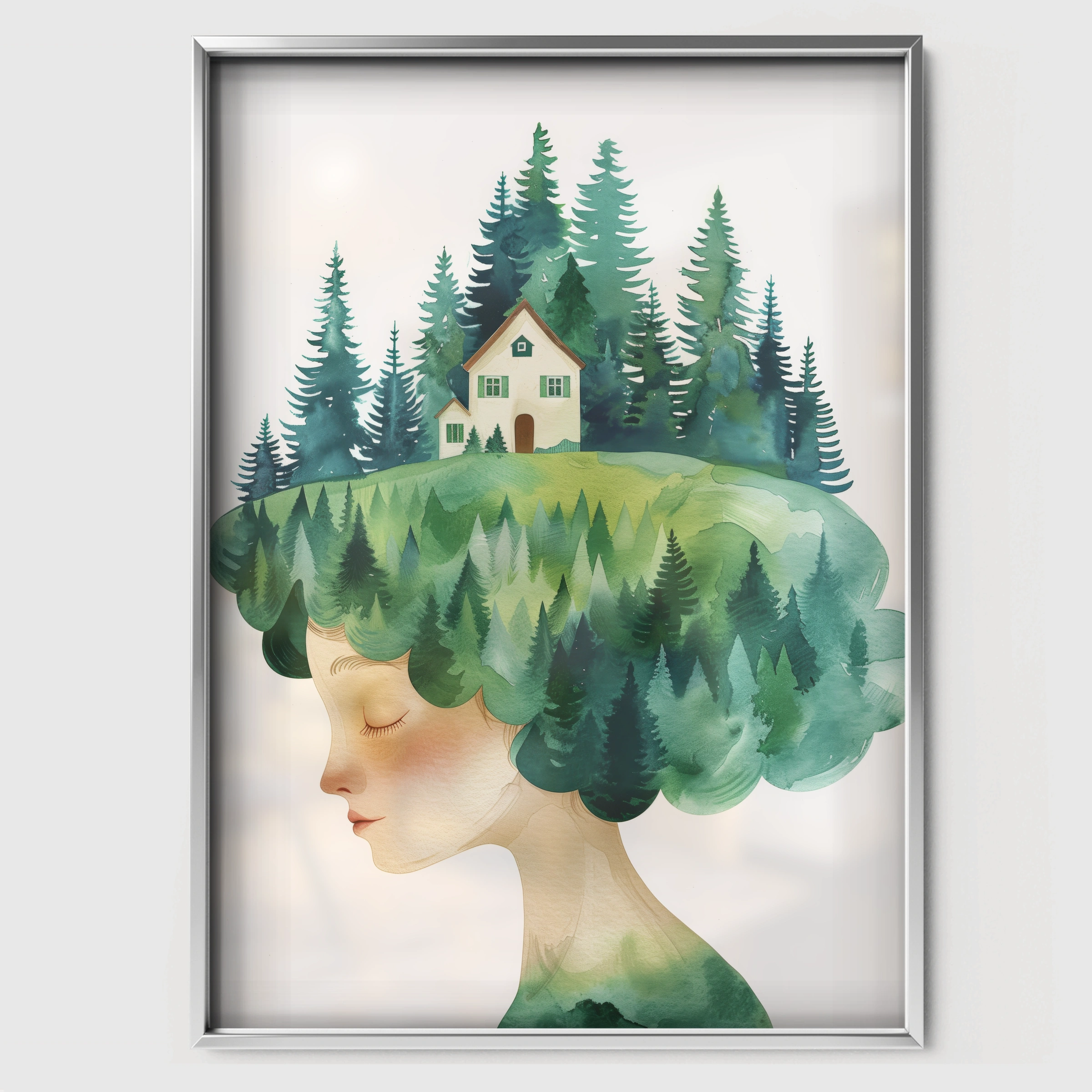 Girl with Forest Hair Nursery Print - white framed nursery wall art print