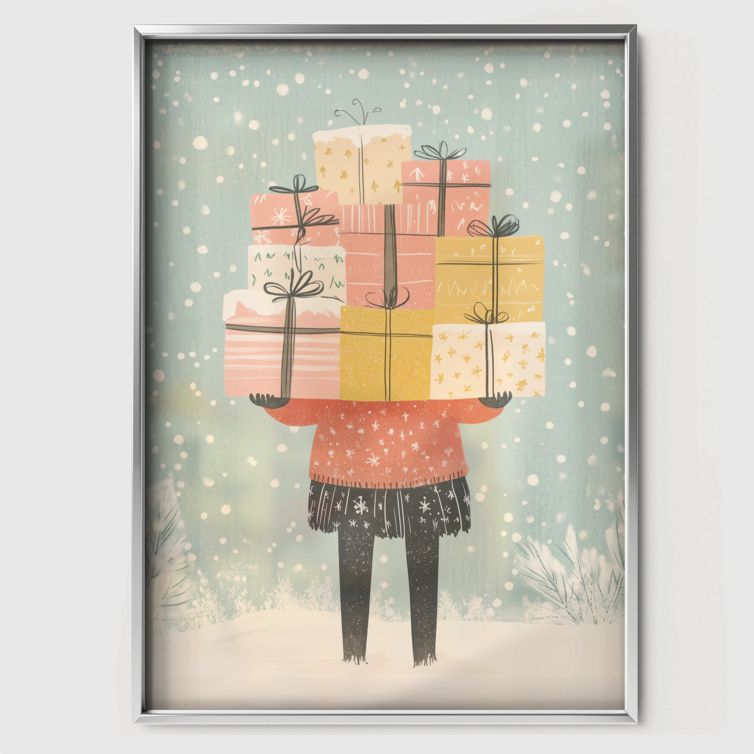 Girl with Gifts Christmas Print - white framed nursery wall art print