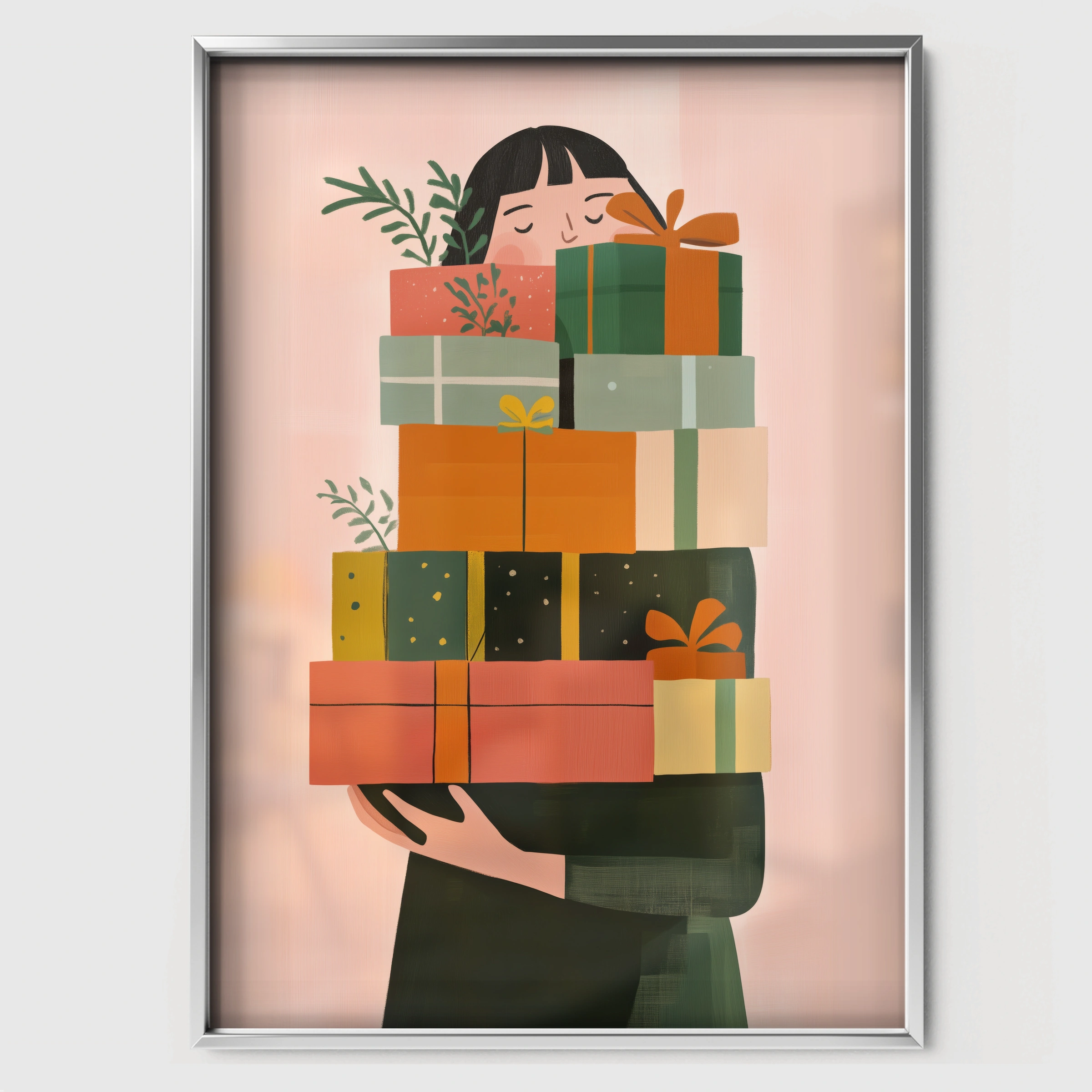 Girl with Gifts Two Christmas Print - white framed nursery wall art print