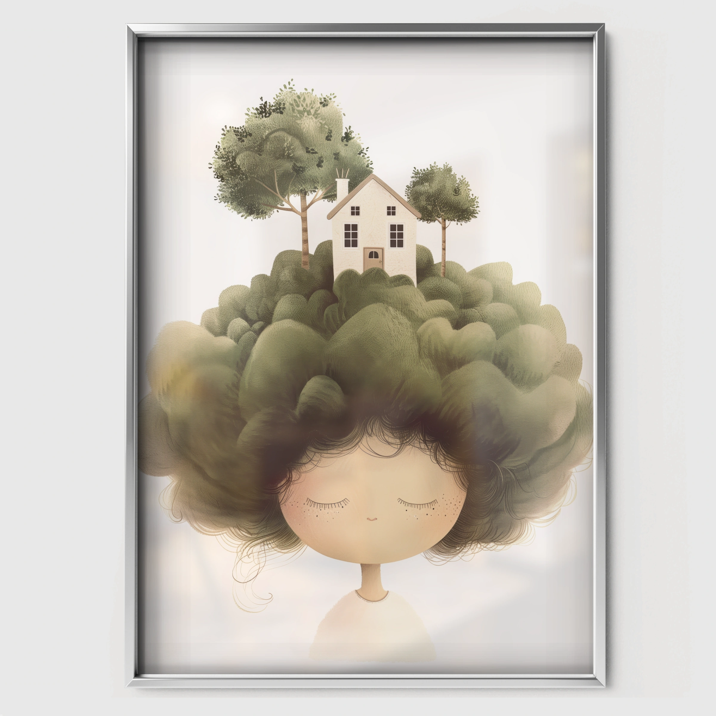 Girl with Tree Hair Nursery Print - white framed nursery wall art print