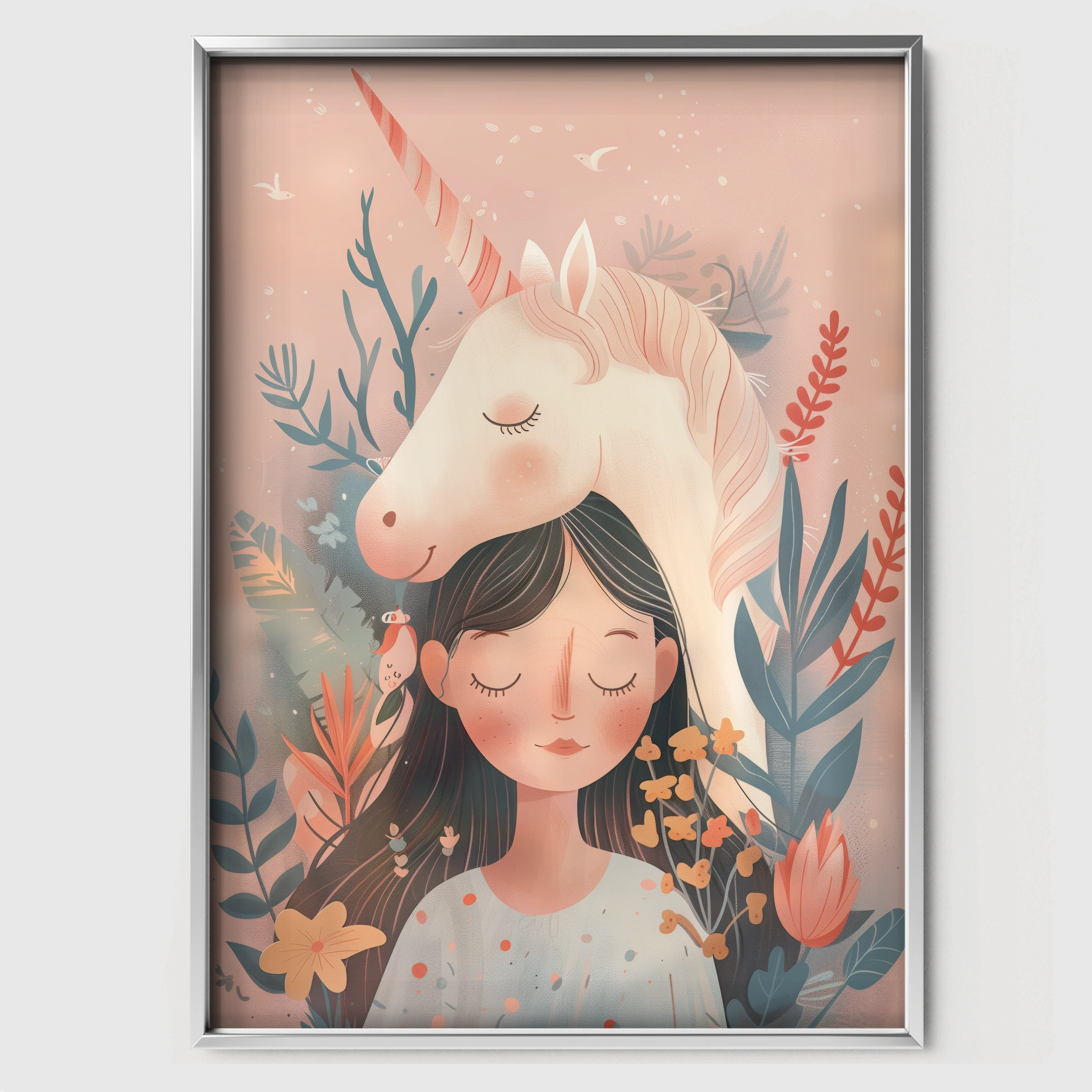 Girl with Unicorn Hair Nursery Print - white framed nursery wall art print