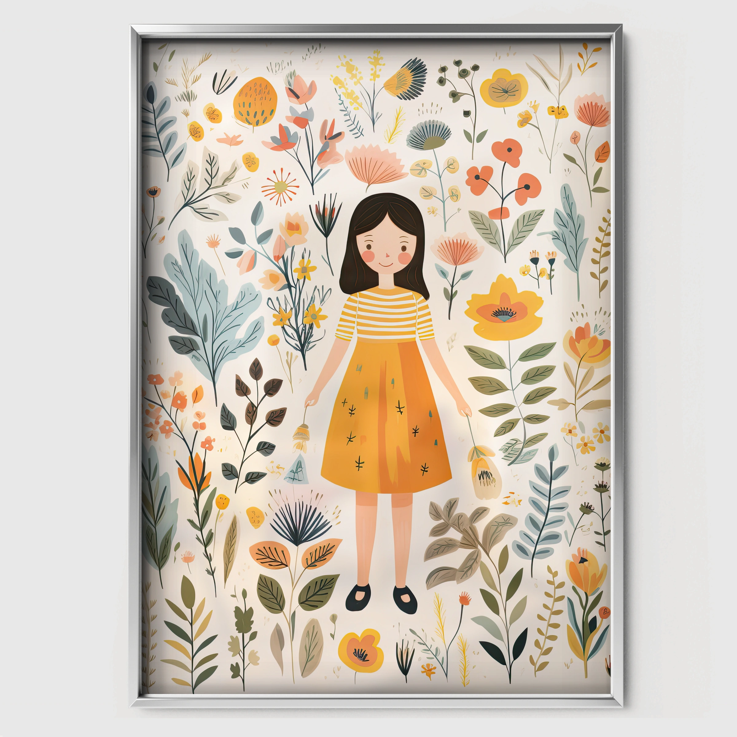 Girl With Wildflowers Nursery Print - white framed nursery wall art print
