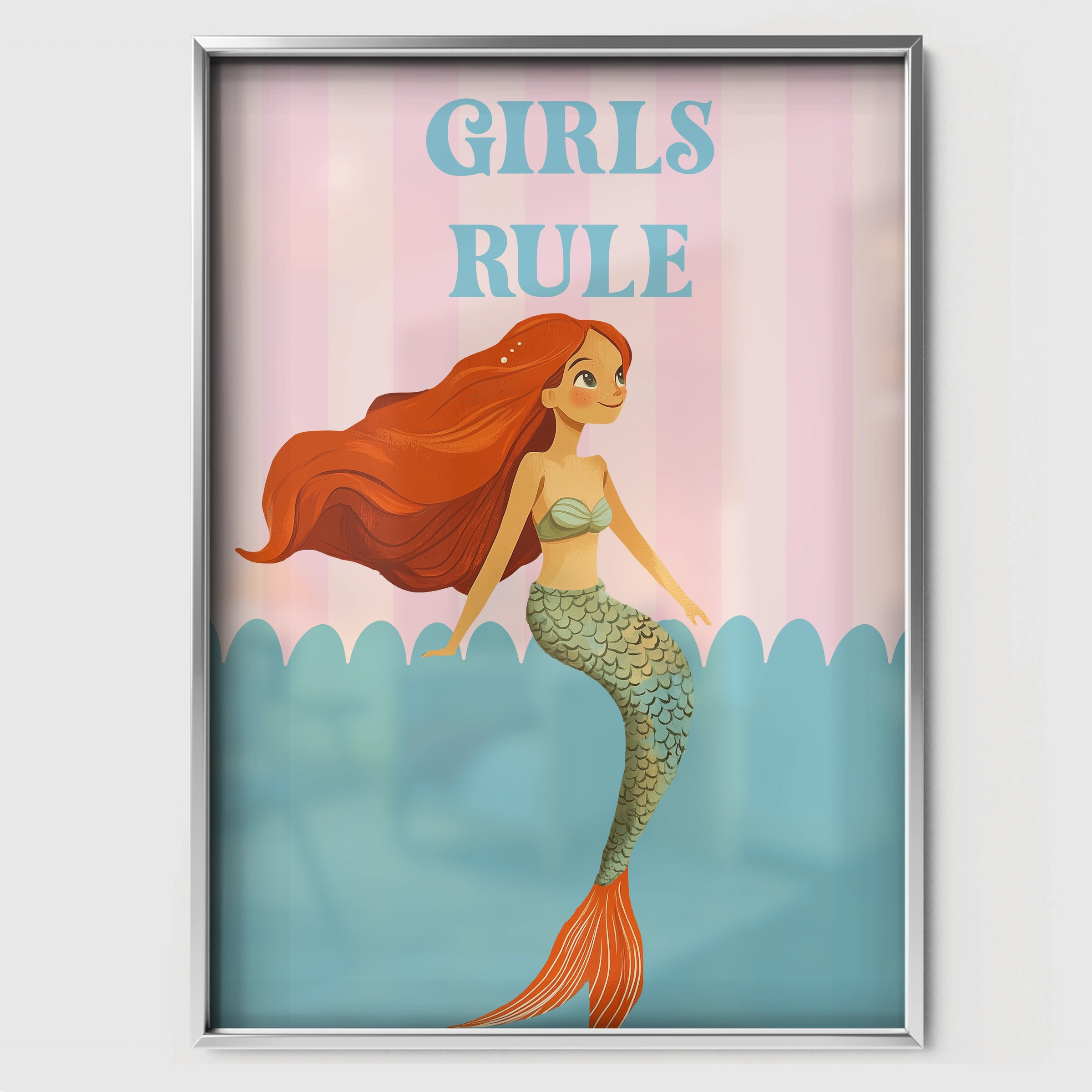 Girls Rule Mermaid Nursery Print - white framed nursery wall art print