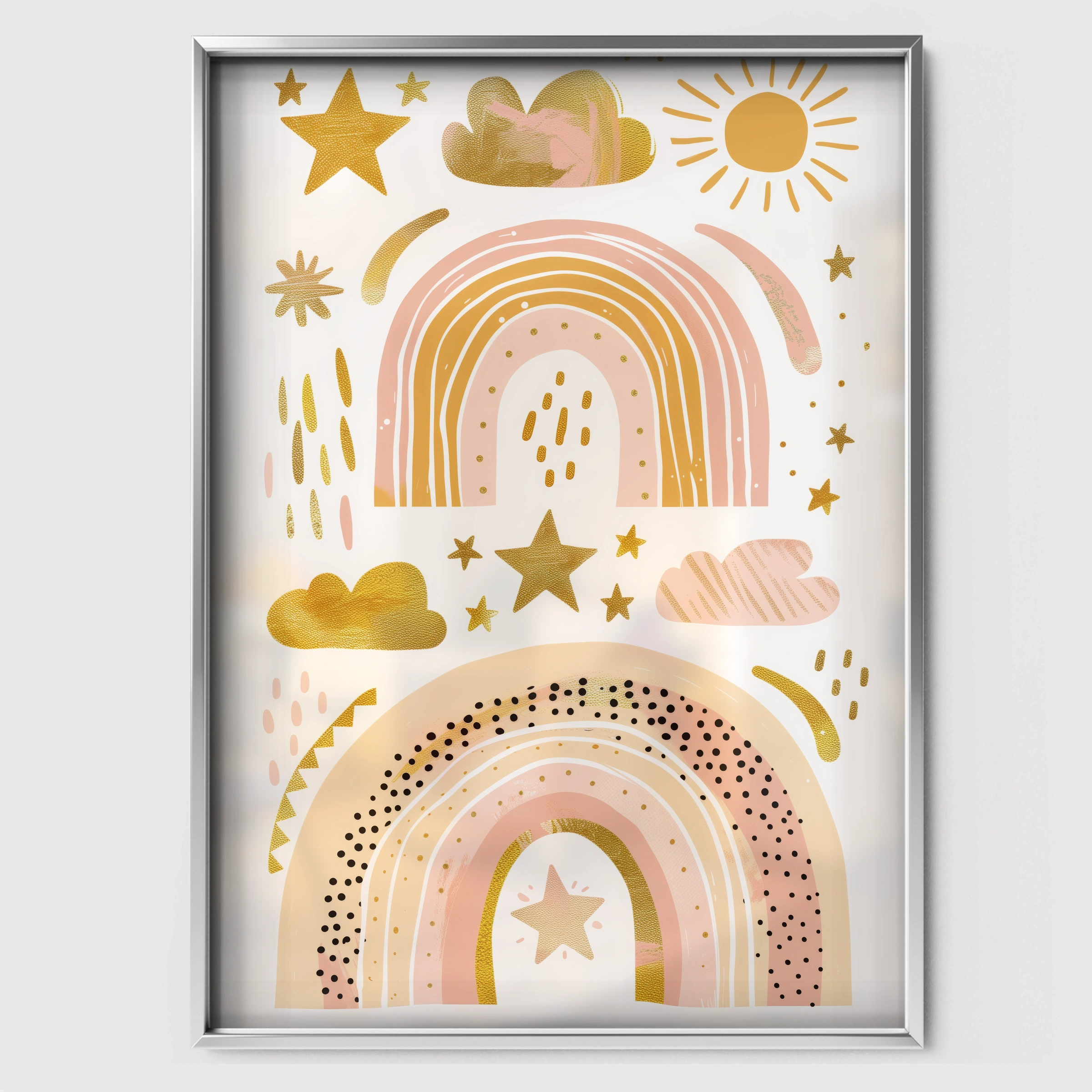 Golden Boho Rainbows Nursery Print - white framed nursery wall art print