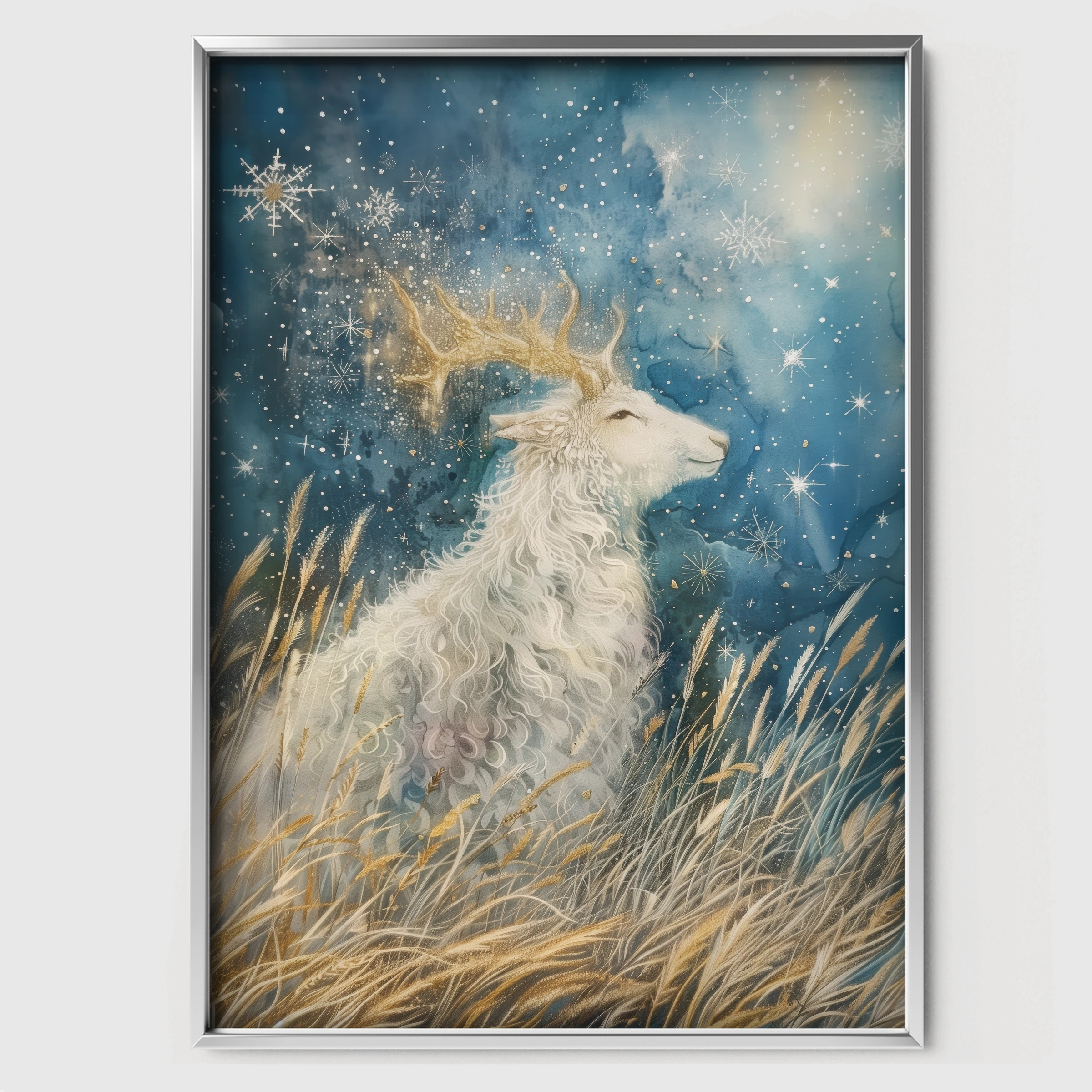 Golden Deer at Night Nursery Print - white framed nursery wall art print