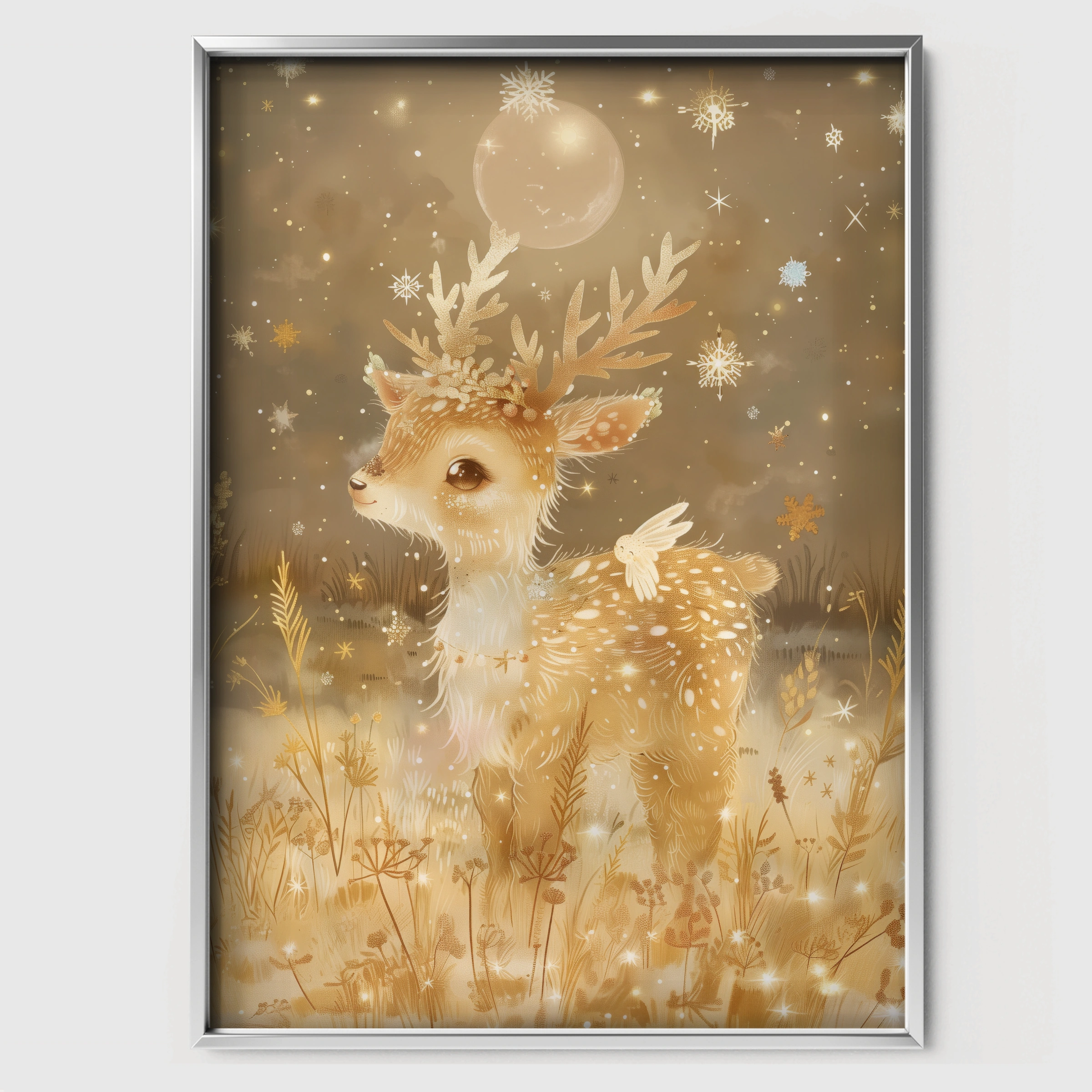 Golden Fawn Nursery Print - white framed nursery wall art print
