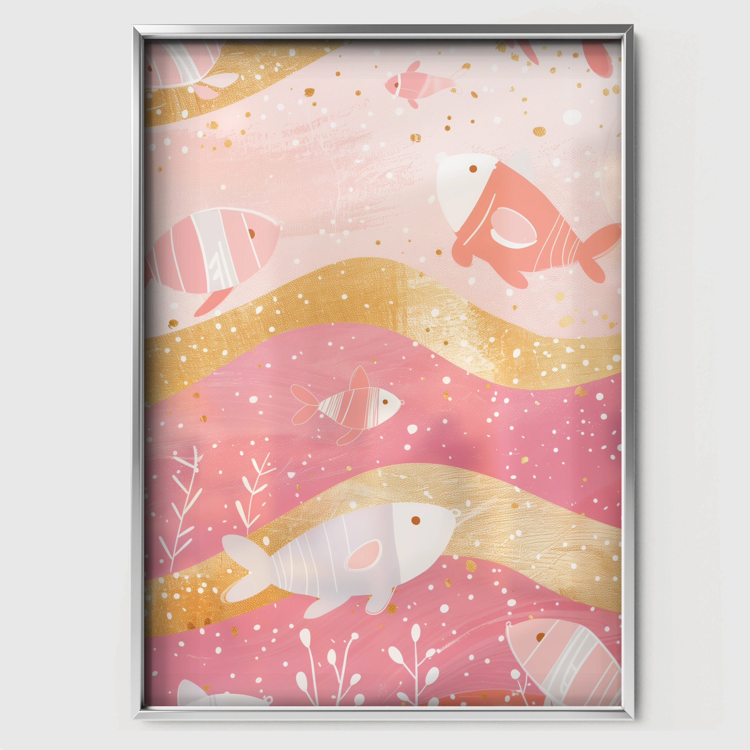 Golden Fish Waves Nursery Print - white framed nursery wall art print