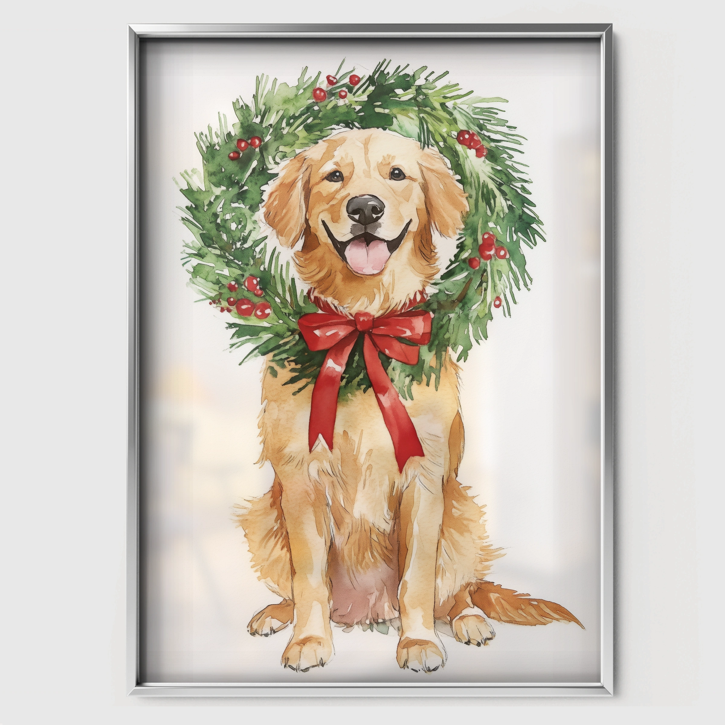 Golden Retriever with a Wreath Christmas Print - white framed nursery wall art print