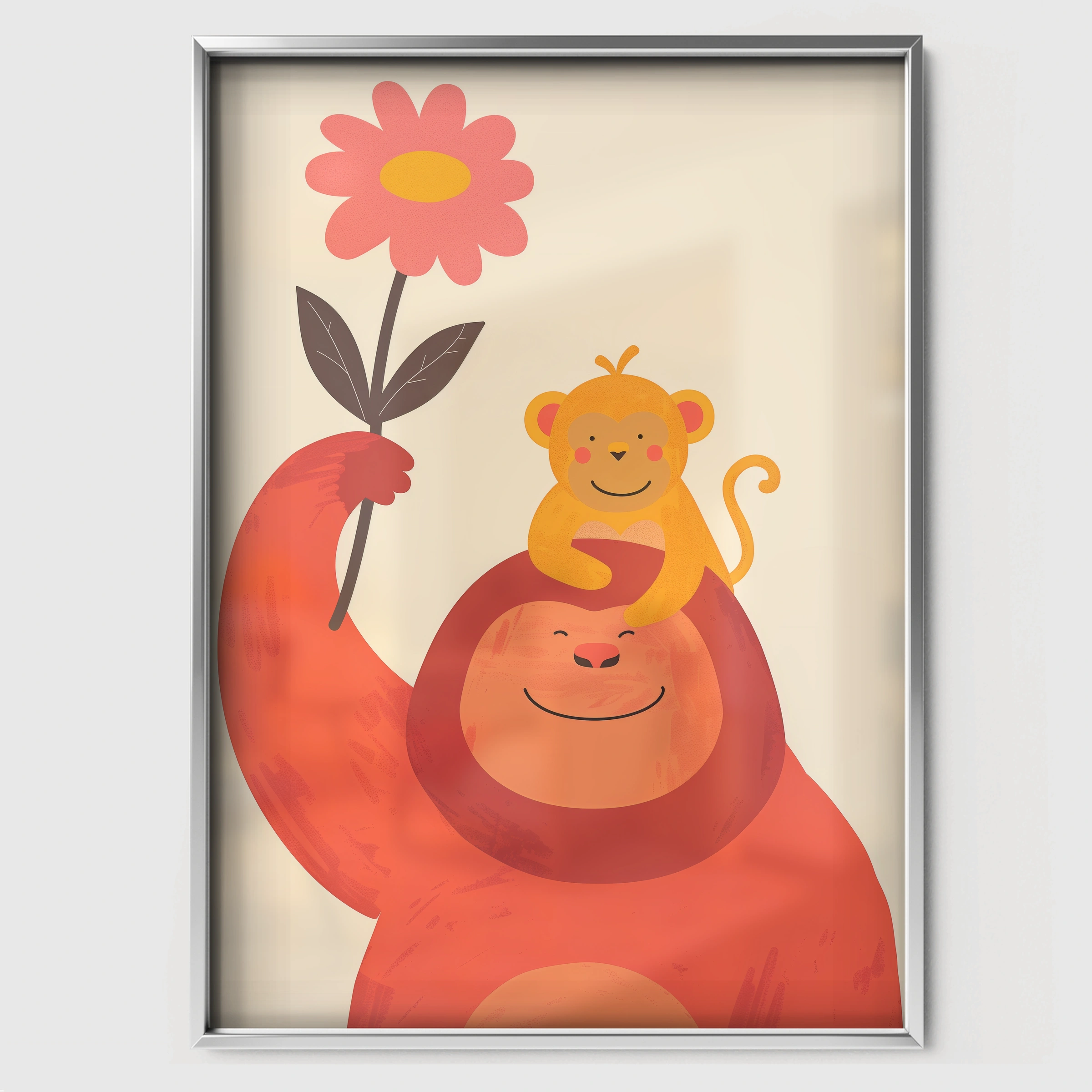 Gorilla and Monkey Nursery Print - white framed nursery wall art print