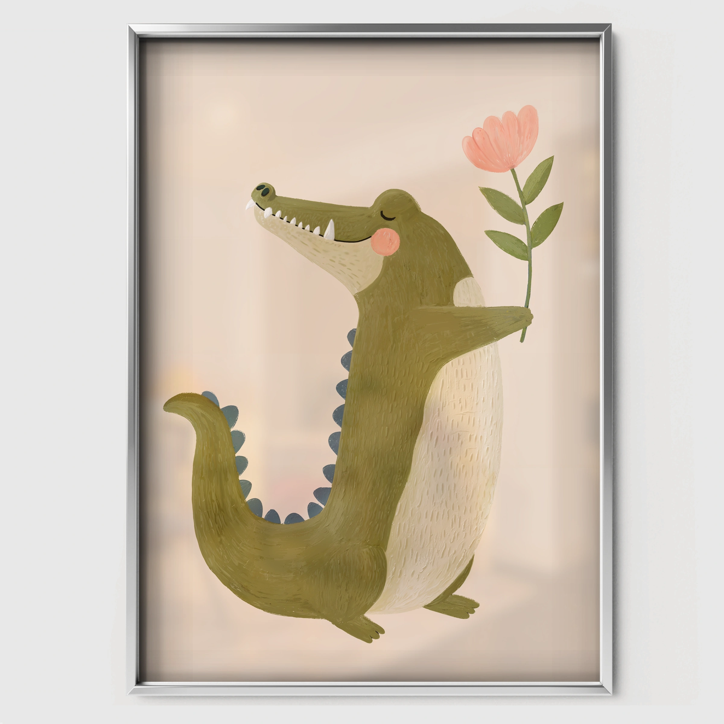 Green Crocodile Nursery Print - white framed nursery wall art print