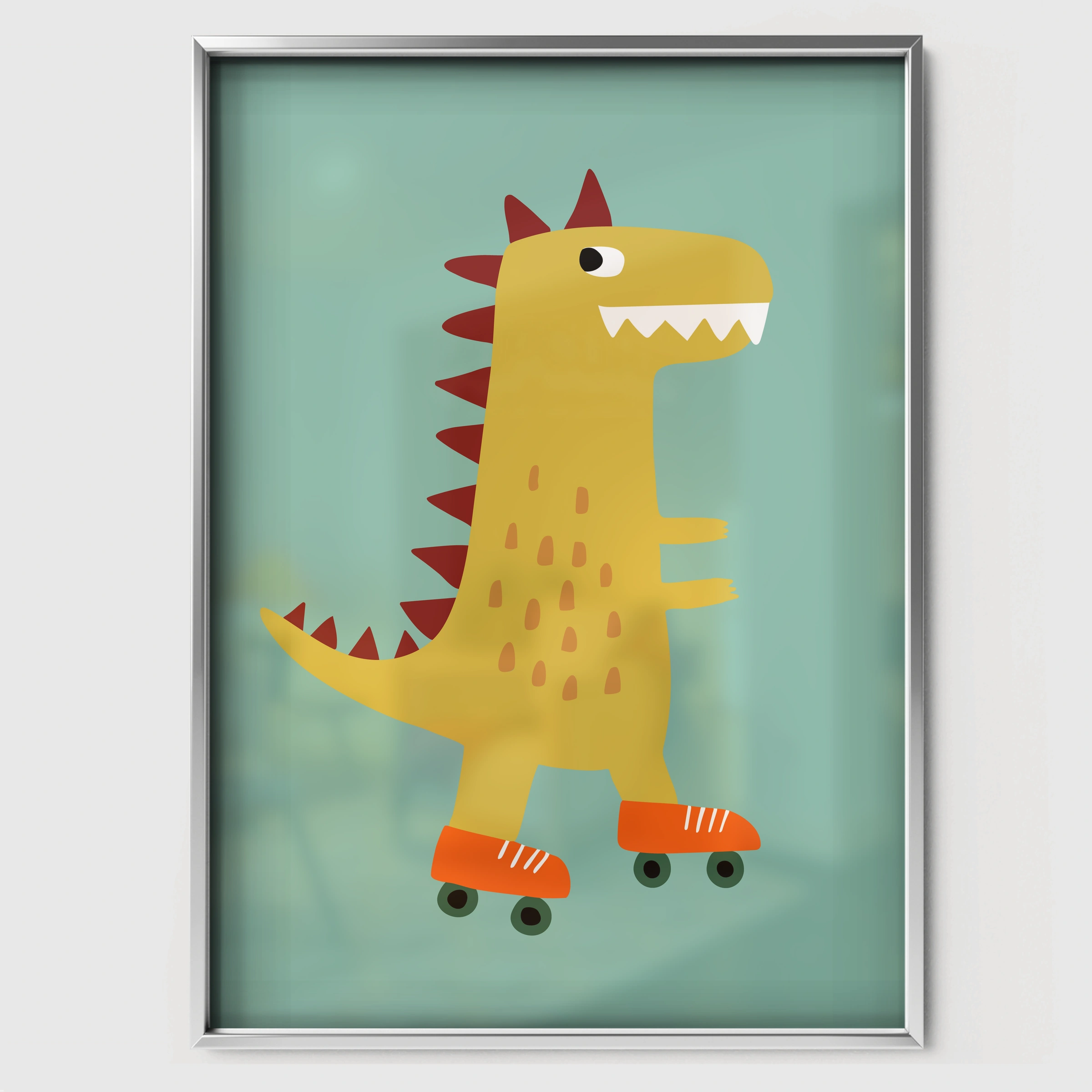 Green Dinosaur Nursery Print - white framed nursery wall art print