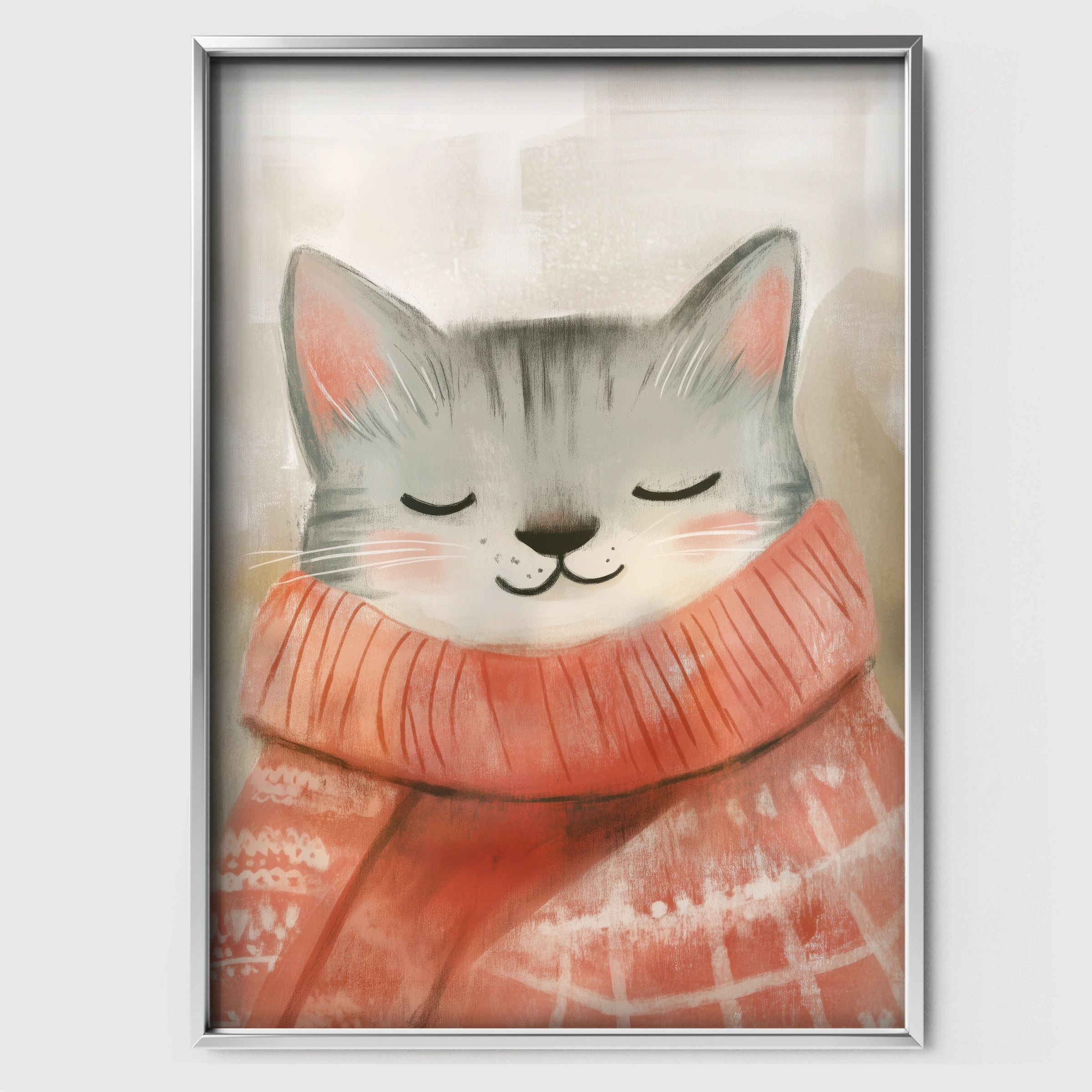 Grey Cat in a Scarf Christmas Print - white framed nursery wall art print