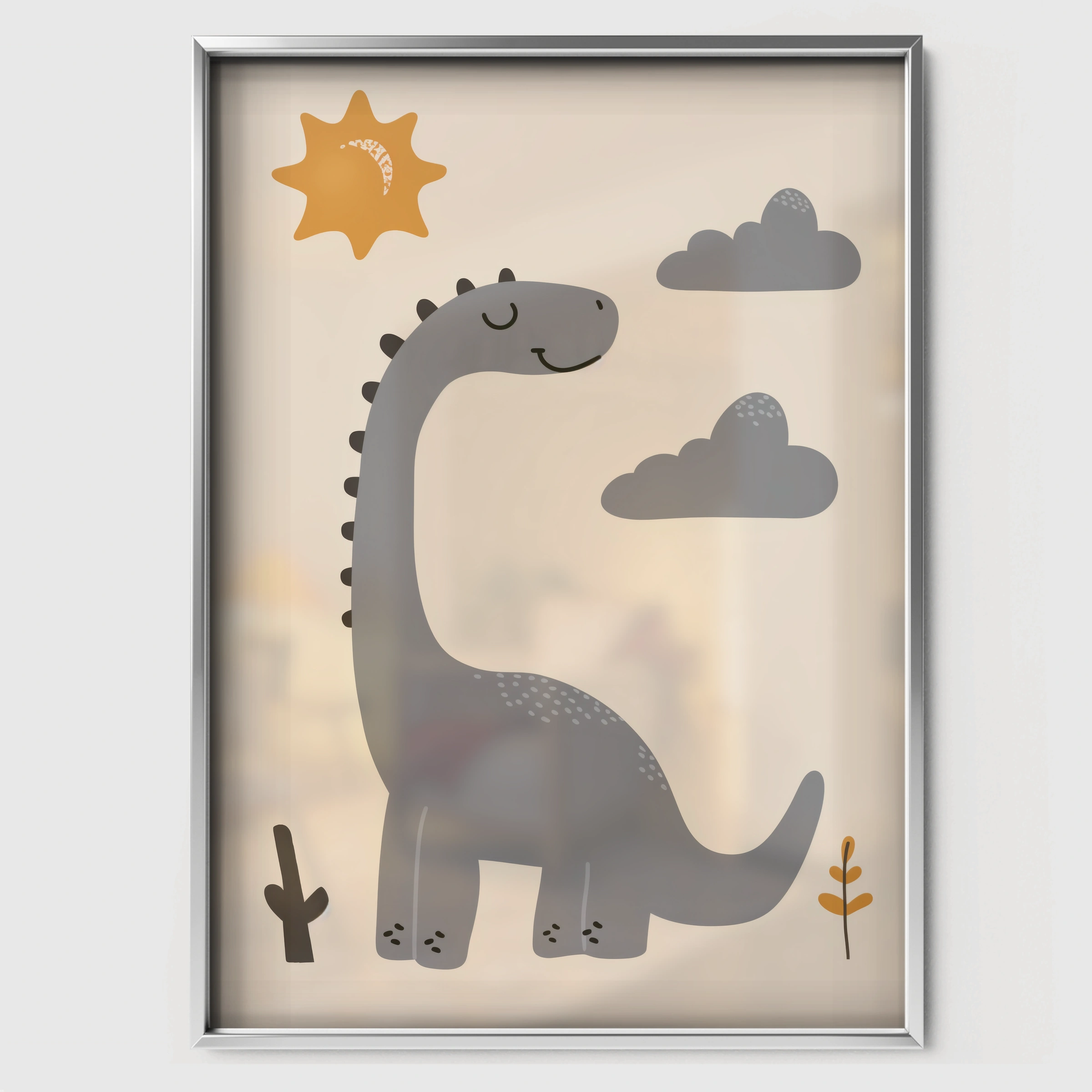 Grey Dinosaur and Sun Nursery Print - white framed nursery wall art print