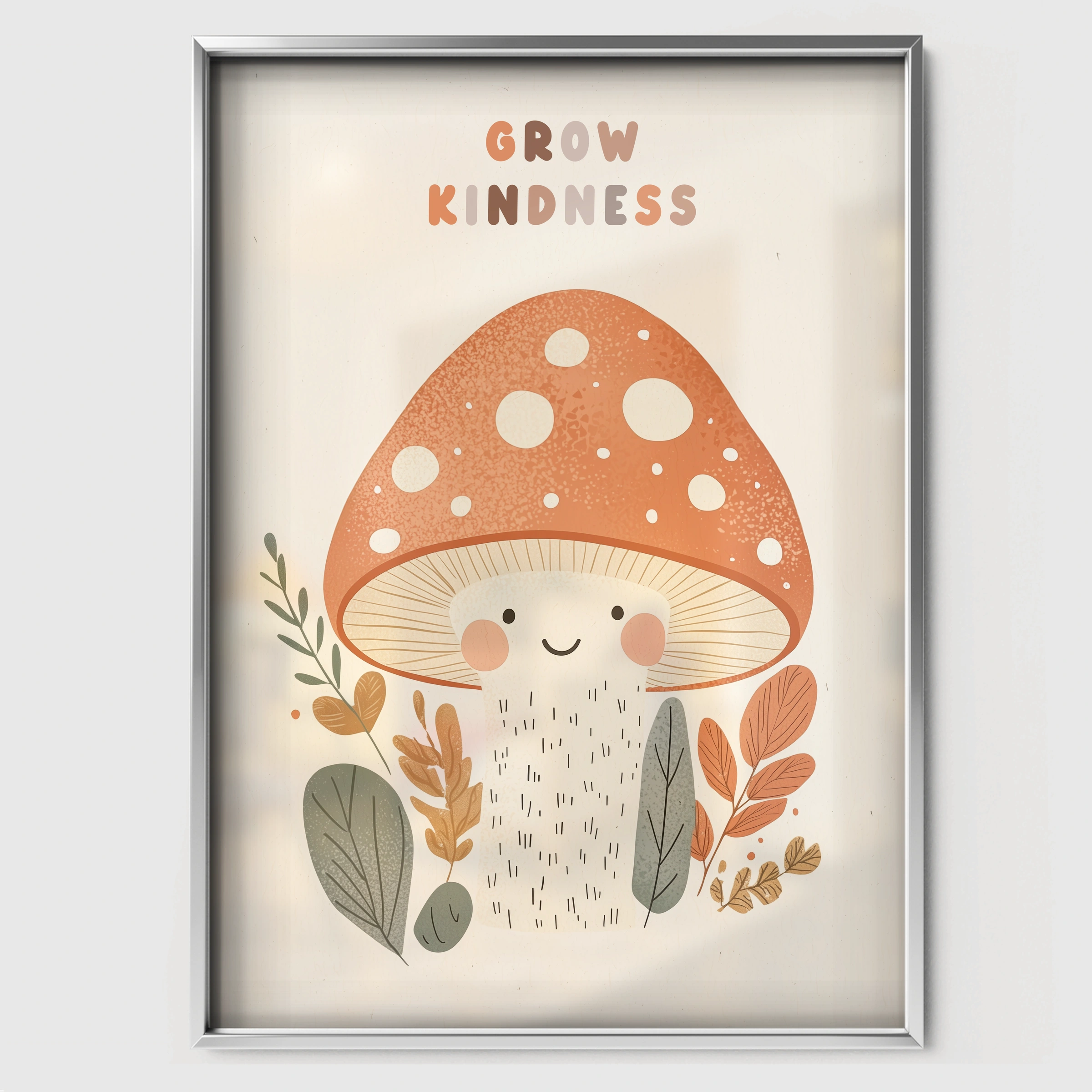 Grow Kindness Mushroom Nursery Print - white framed nursery wall art print
